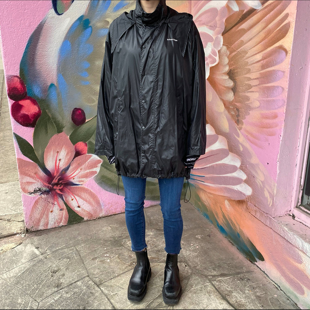 Balenciaga Black Light Nylon Hooded Windbreaker Jacket - FR36
