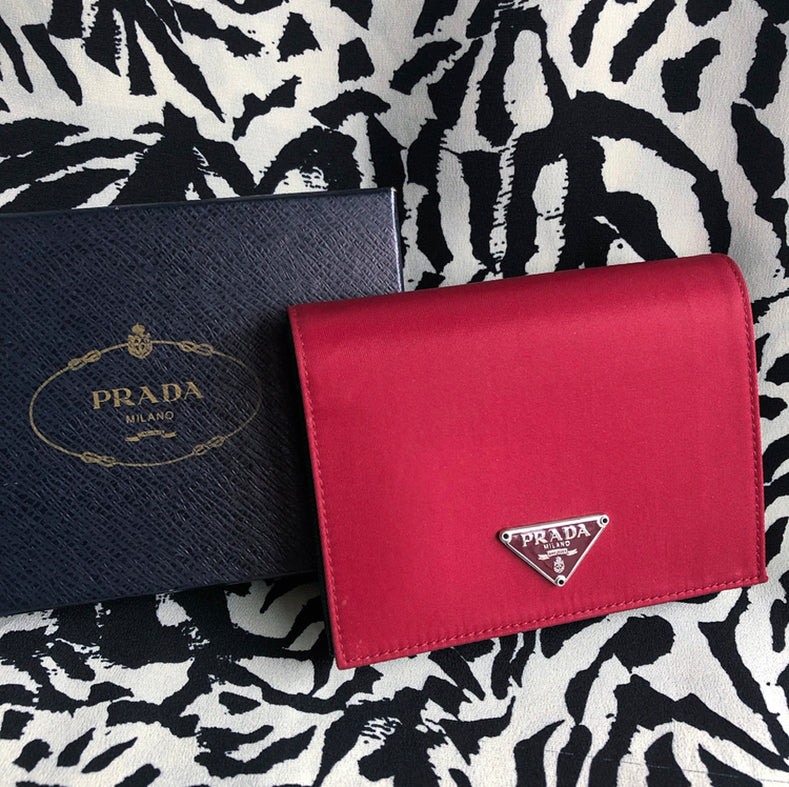 Prada Red Tessuto Nylon and Black Saffiano Leather Bifold Wallet