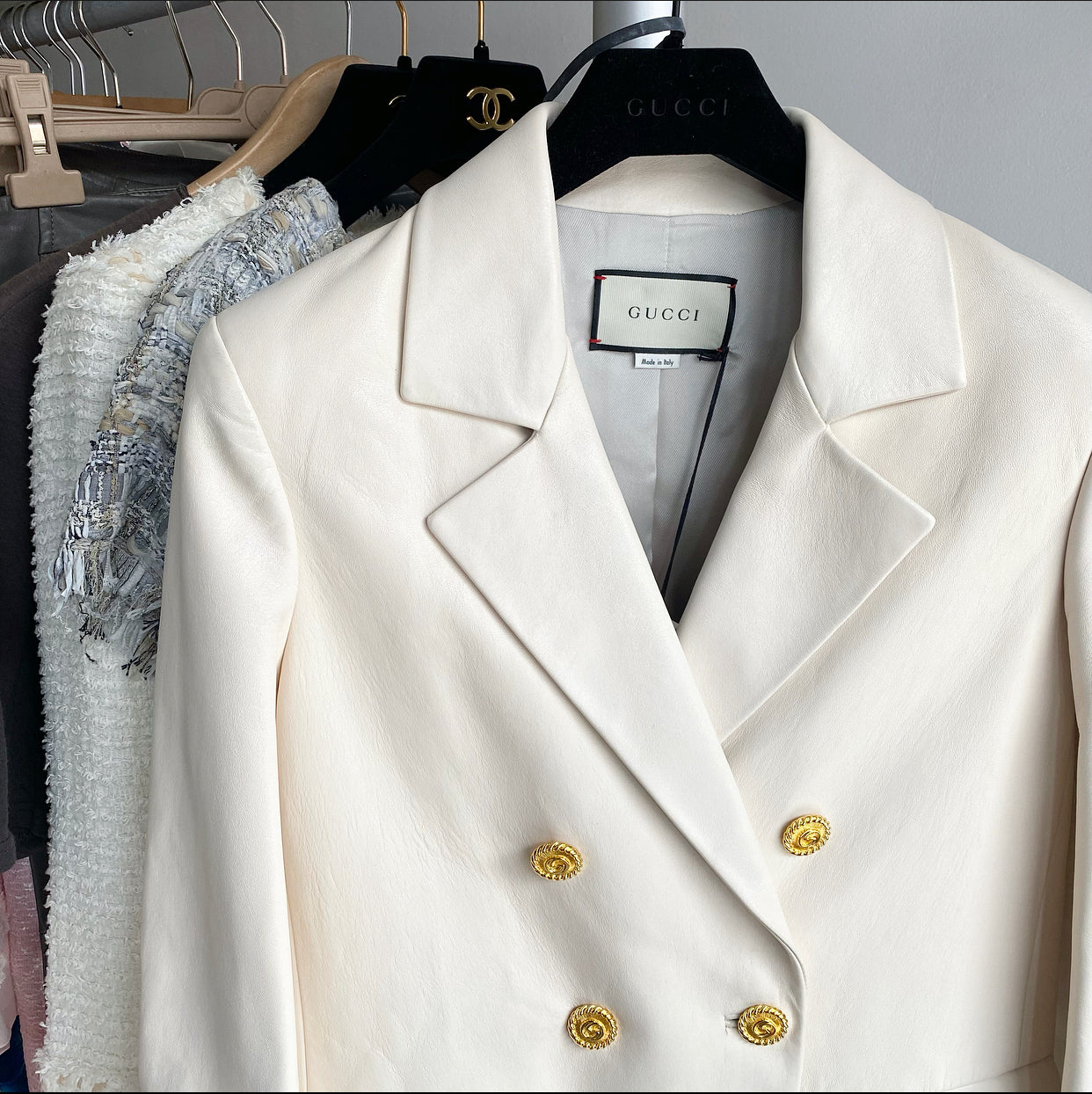 Gucci Ivory Leather Jacket with Double Row Gold Buttons - IT44 / 8