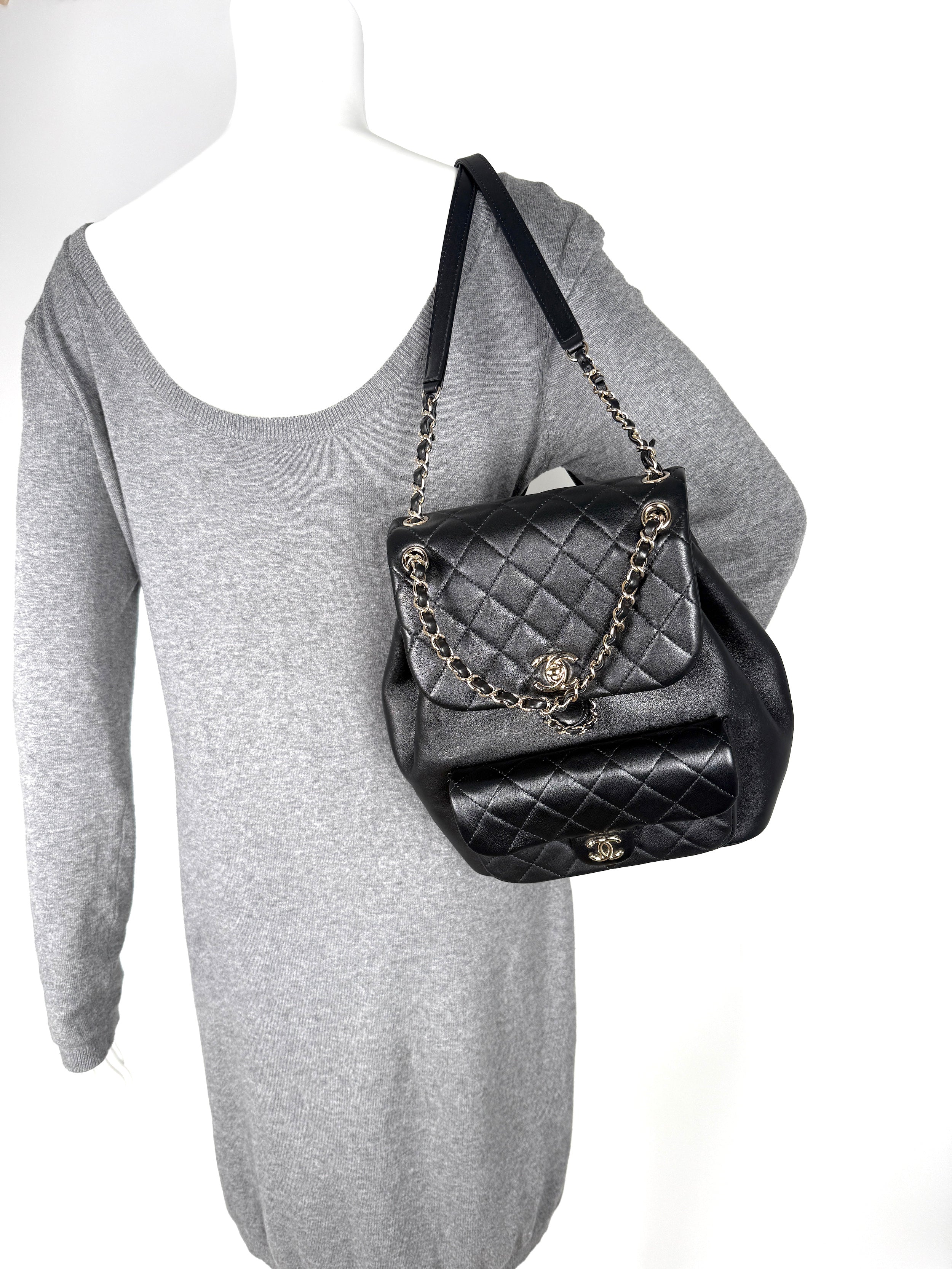 CHANEL Small Duma Black Quilted CC Leather Drawstring Backpack Bag