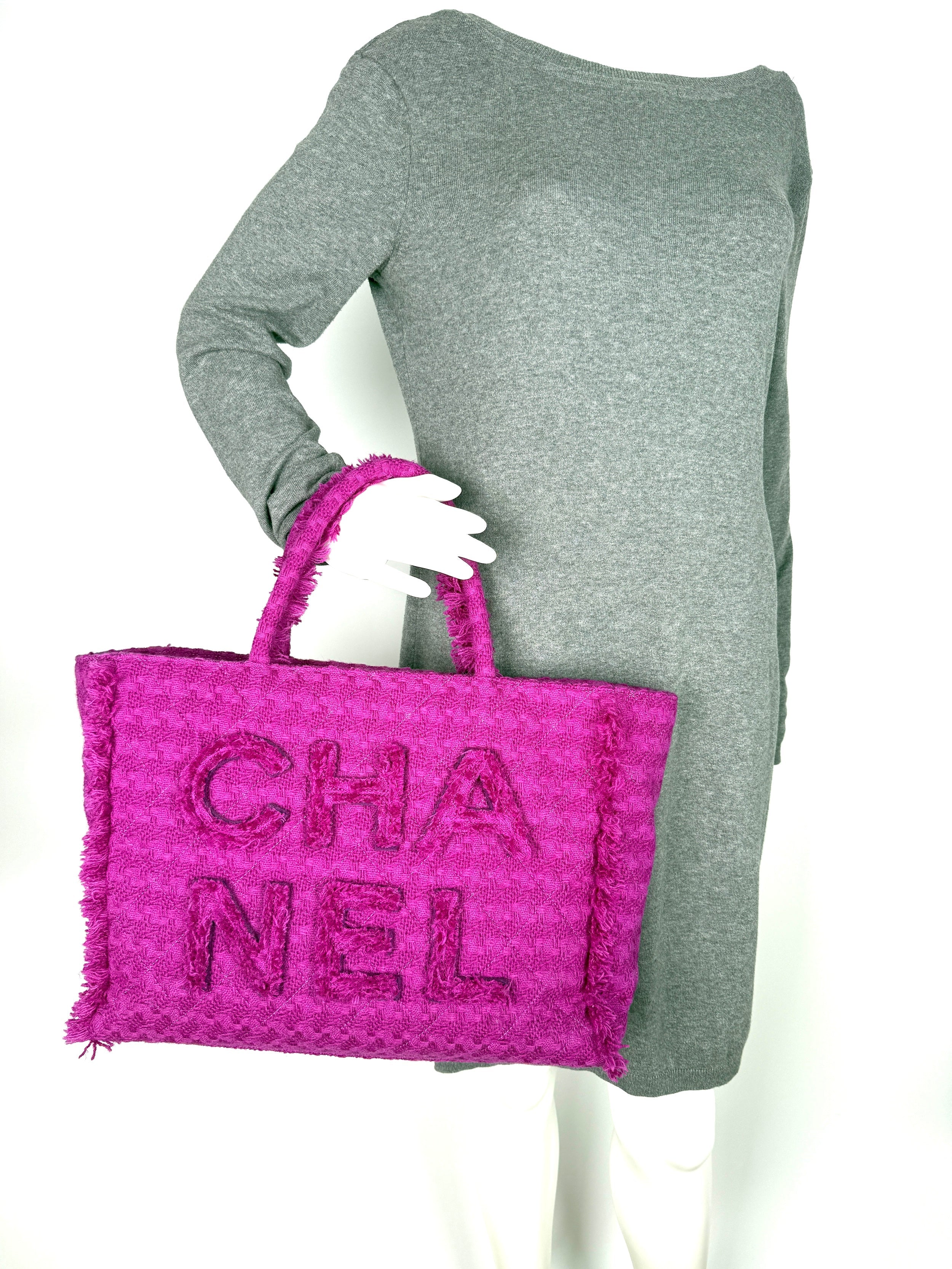 CHANEL Wool Tweed Giant Logo Pink Zip Shopping Tote