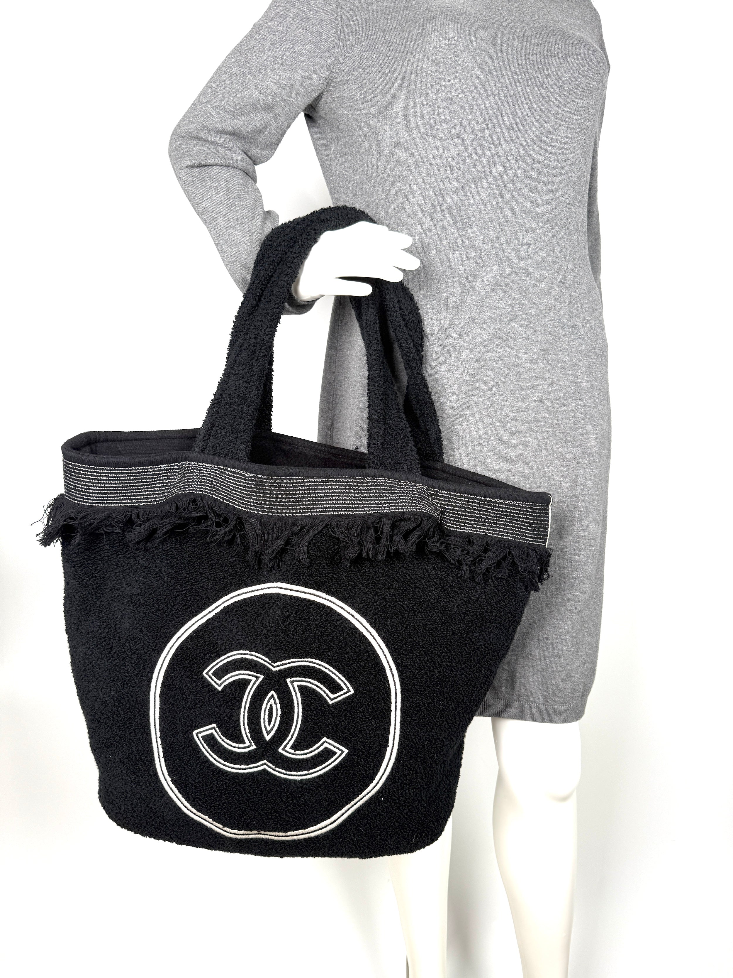 CHANEL Terry Cotton Fringe CC Logo Black Ecru Beach Shopping Tote with Pouch and Towel