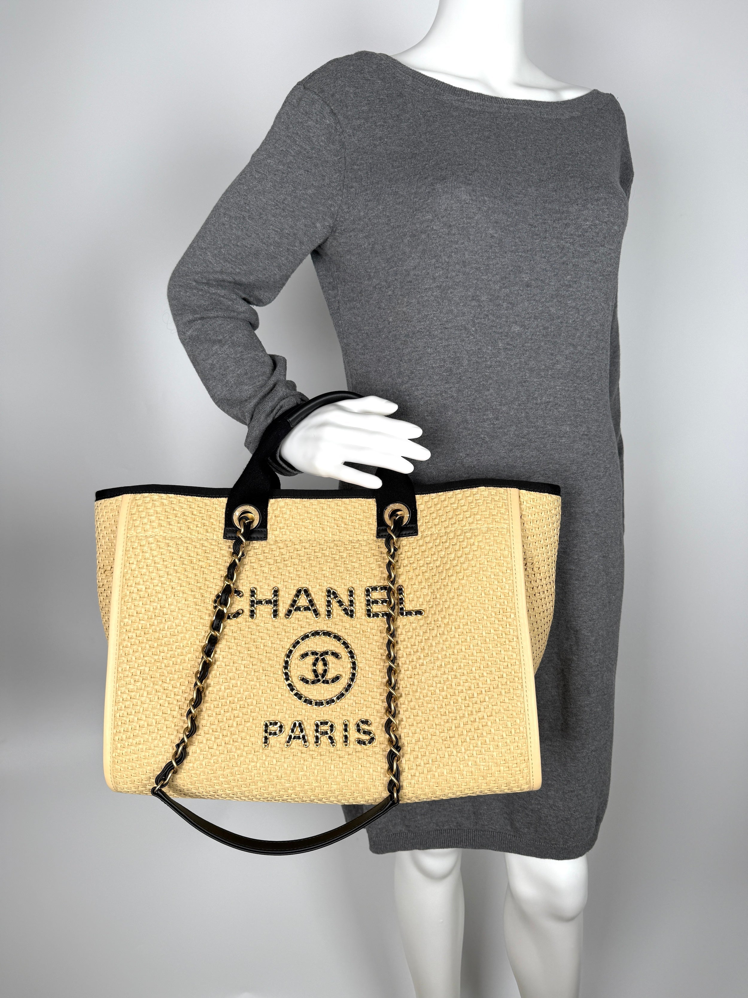 CHANEL Deauville Straw Raffia Calfskin Beige Medium Shopping Tote