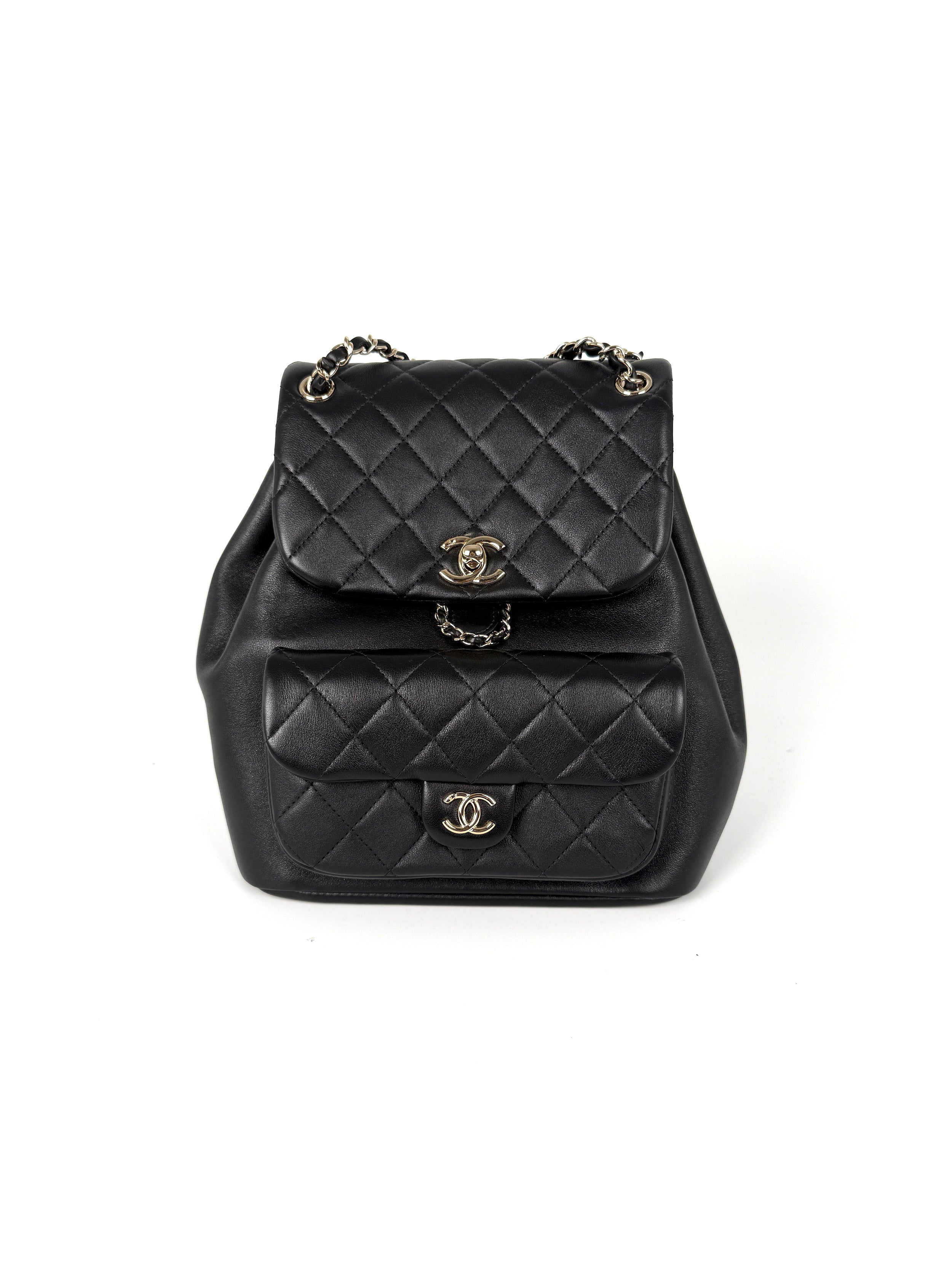 CHANEL Small Duma Black Quilted CC Leather Drawstring Backpack Bag