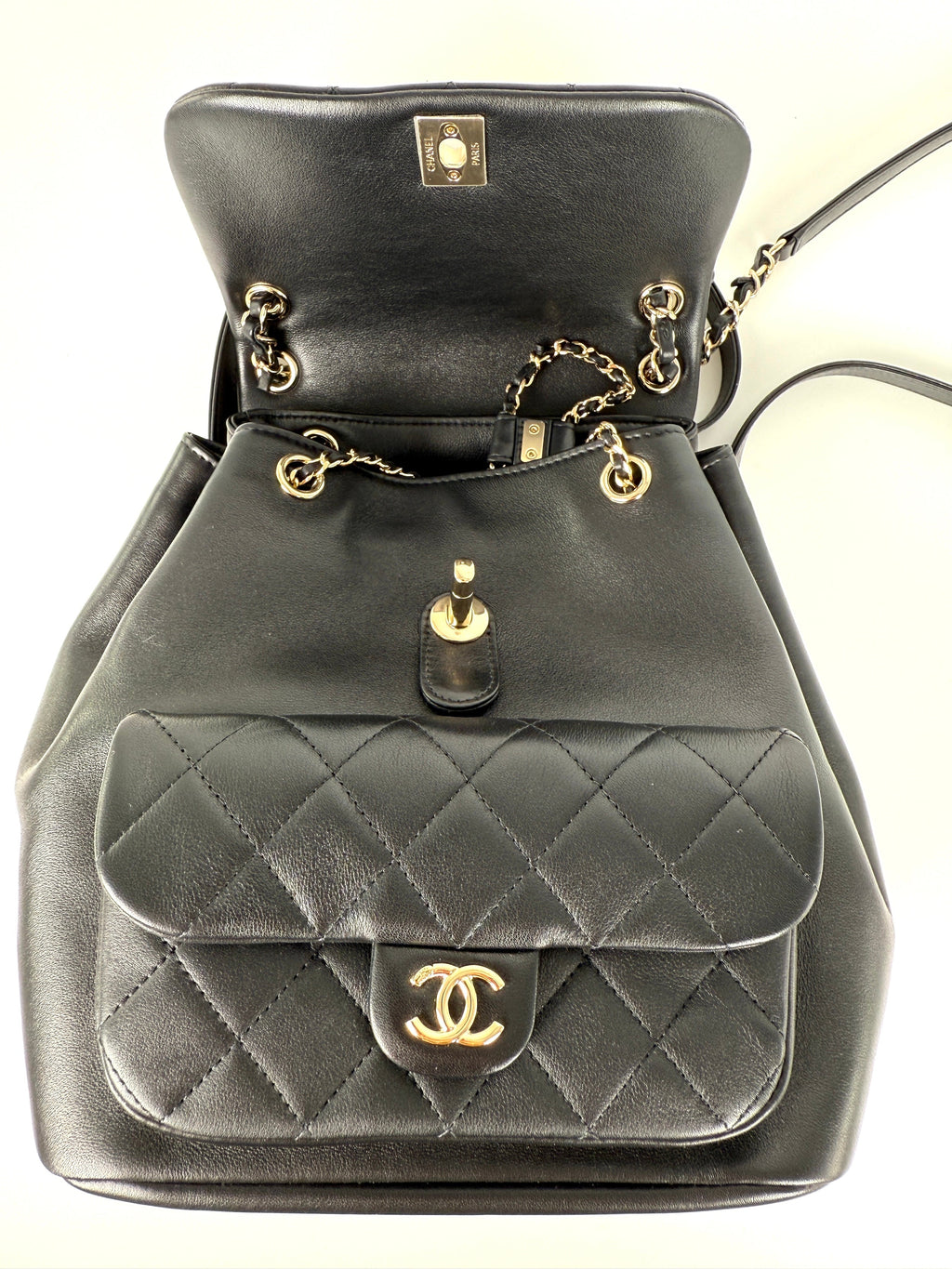 CHANEL Small Duma Black Quilted CC Leather Drawstring Backpack Bag