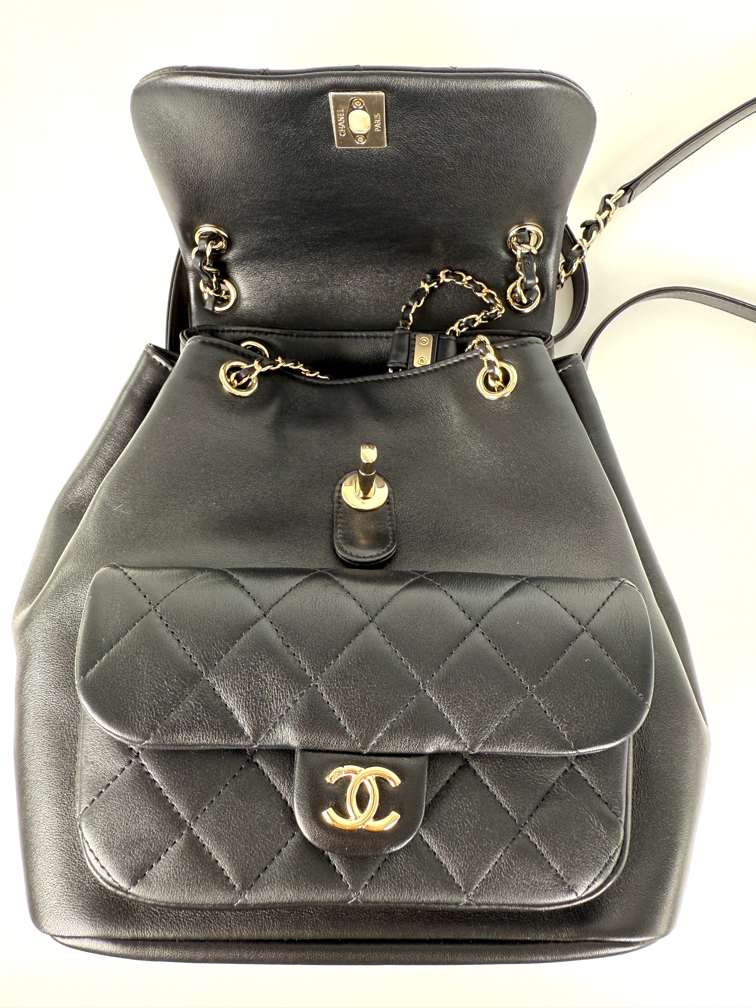 CHANEL Small Duma Black Quilted CC Leather Drawstring Backpack Bag