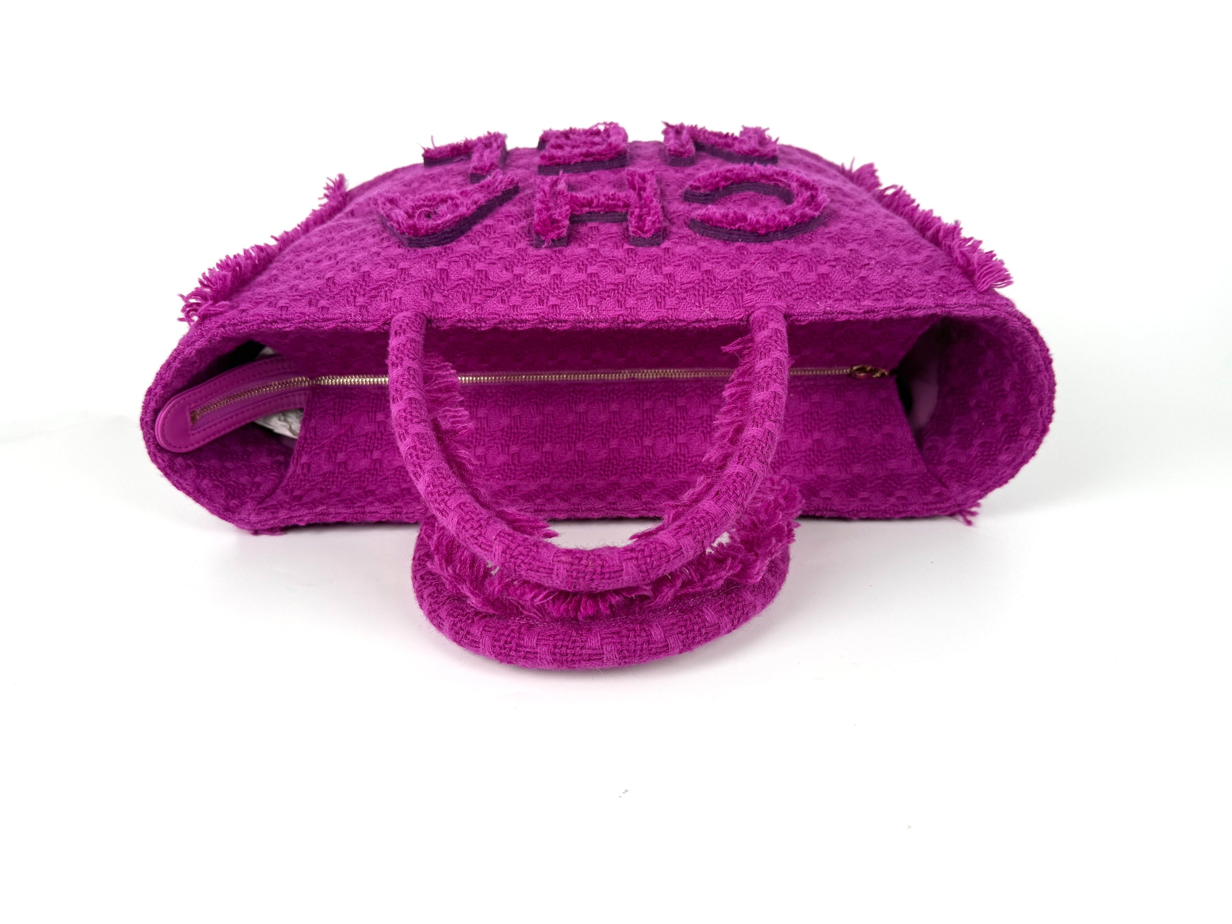 CHANEL Wool Tweed Giant Logo Pink Zip Shopping Tote
