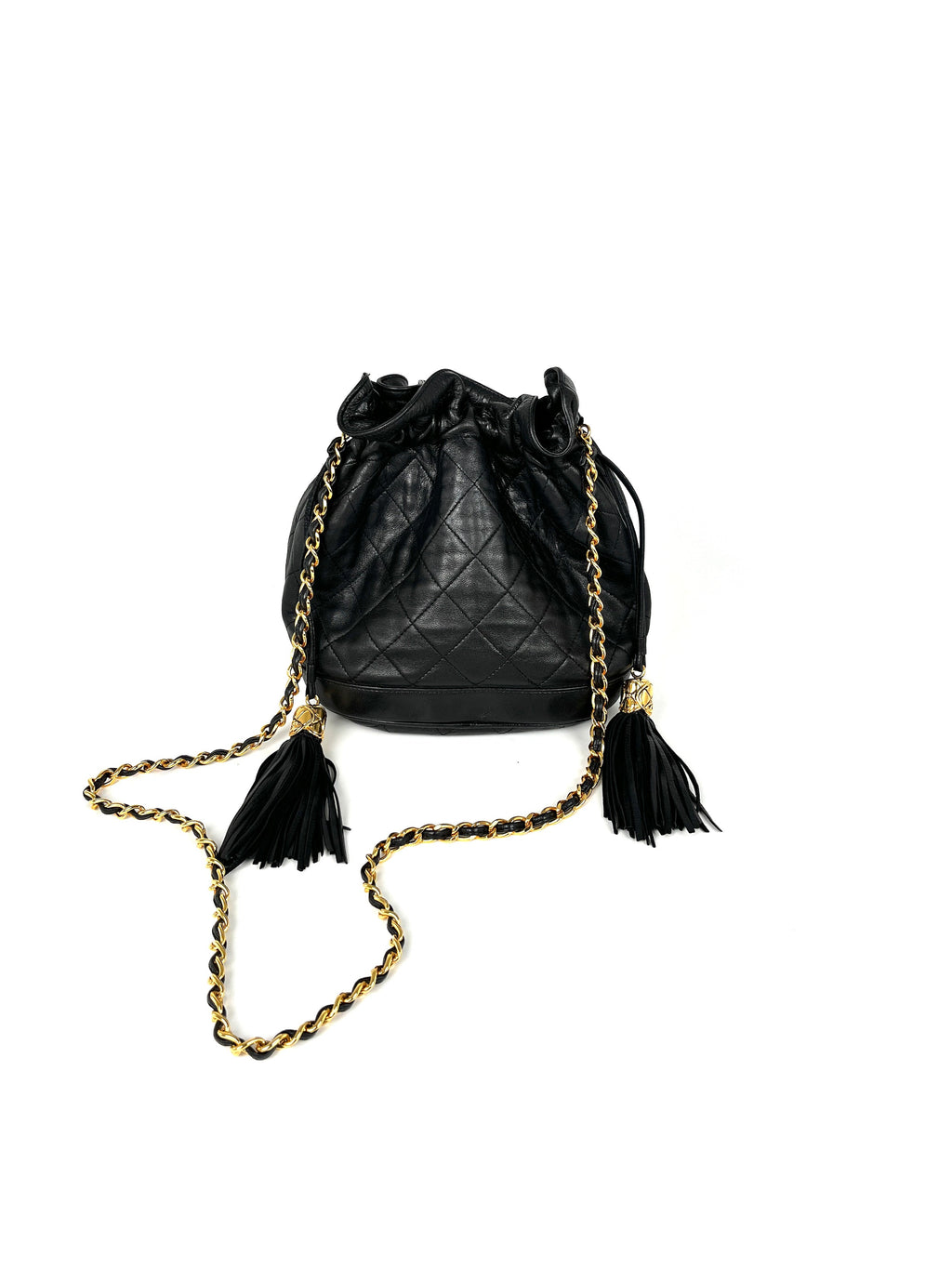 Vintage CHANEL 24k Gold Black Lambskin Leather Quilted Bucket Shoulder Bag