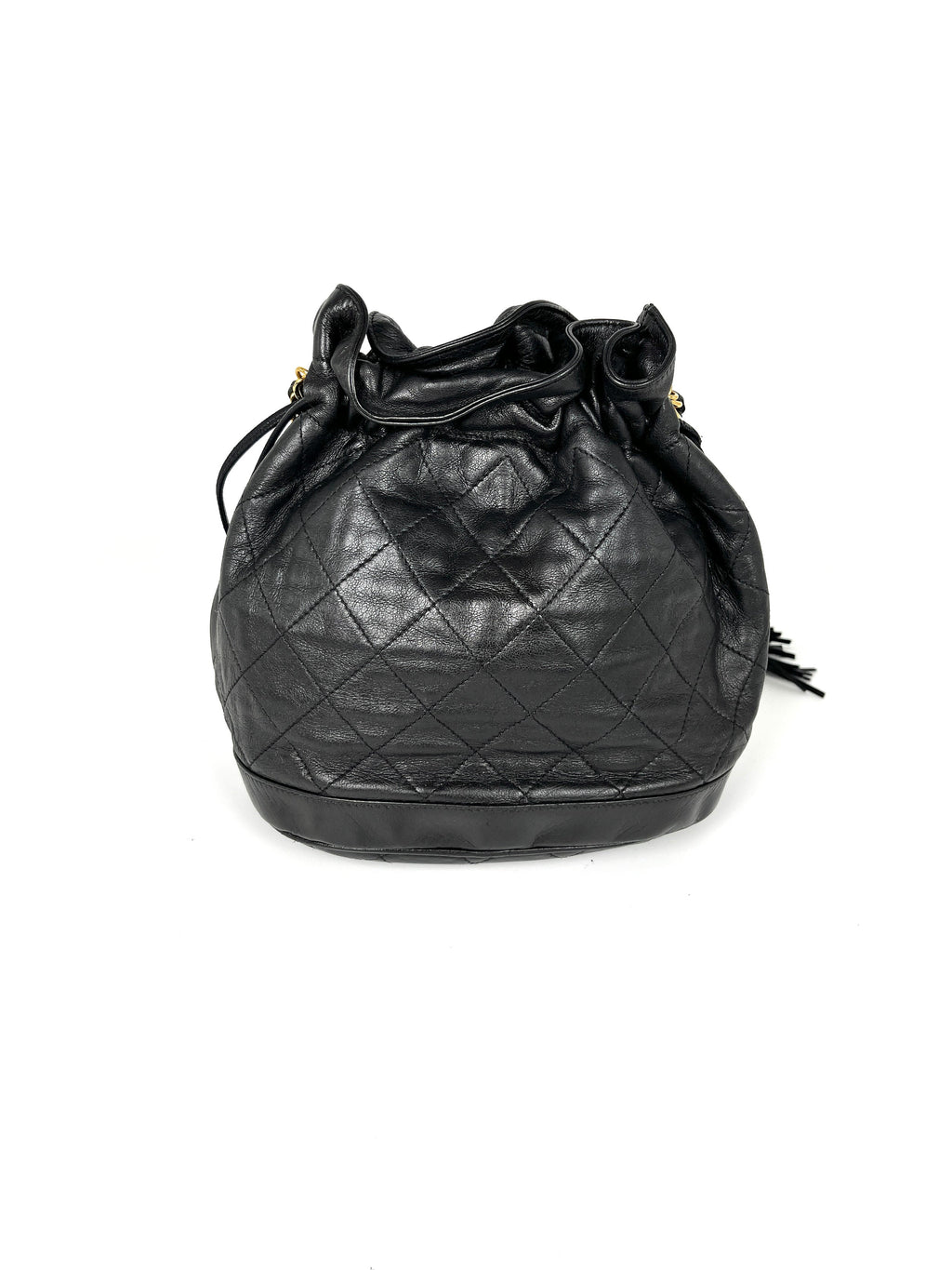 Vintage CHANEL 24k Gold Black Lambskin Leather Quilted Bucket Shoulder Bag