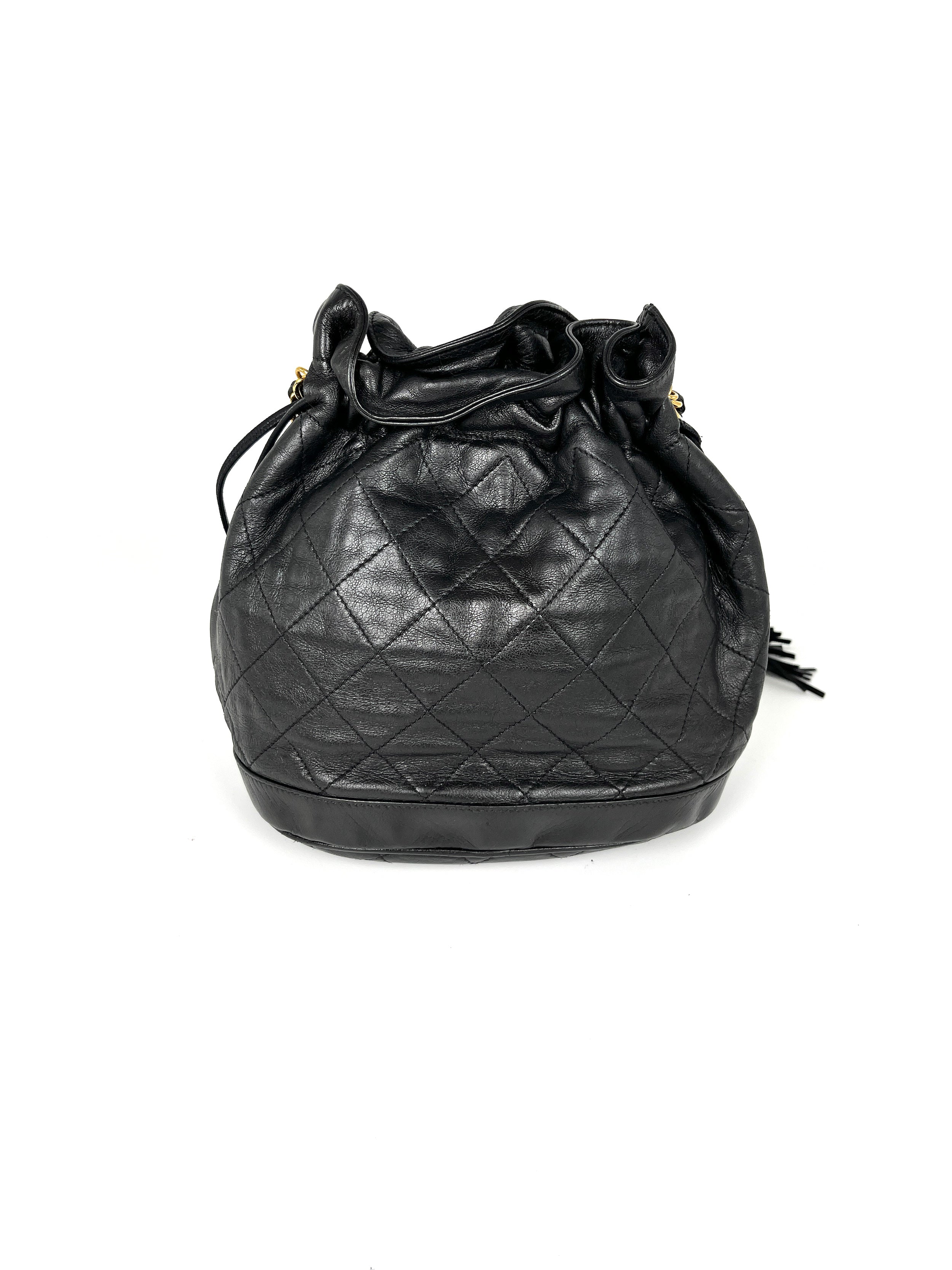 Vintage CHANEL 24k Gold Black Lambskin Leather Quilted Bucket Shoulder Bag