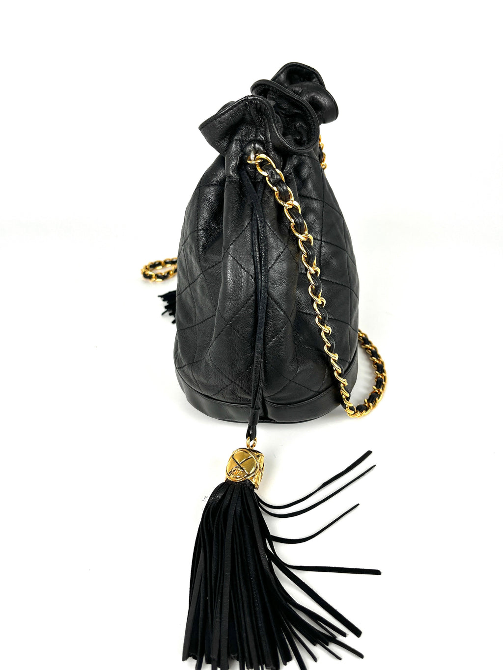Vintage CHANEL 24k Gold Black Lambskin Leather Quilted Bucket Shoulder Bag