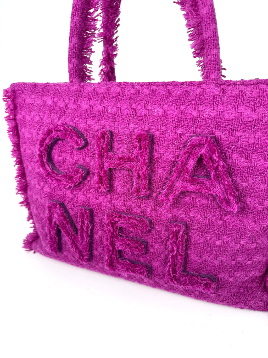 CHANEL Wool Tweed Giant Logo Pink Zip Shopping Tote