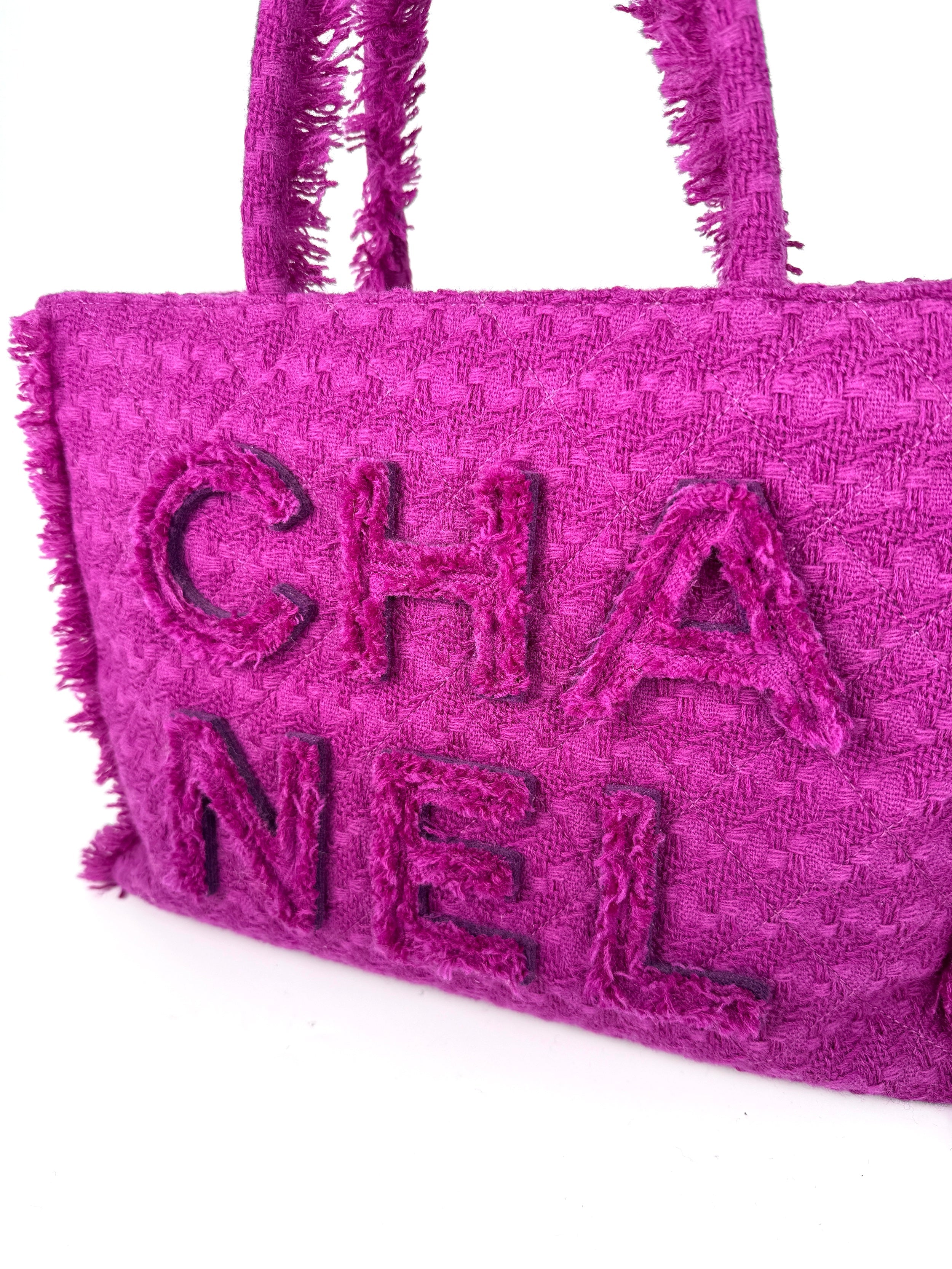 CHANEL Wool Tweed Giant Logo Pink Zip Shopping Tote