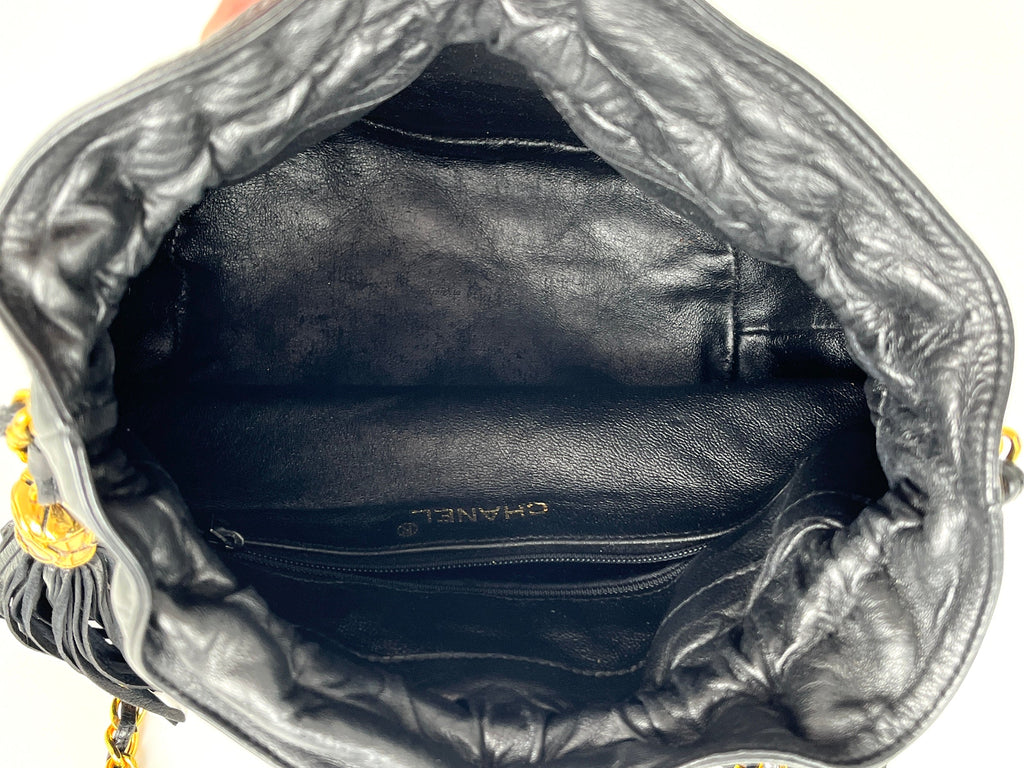 Vintage CHANEL 24k Gold Black Lambskin Leather Quilted Bucket Shoulder Bag