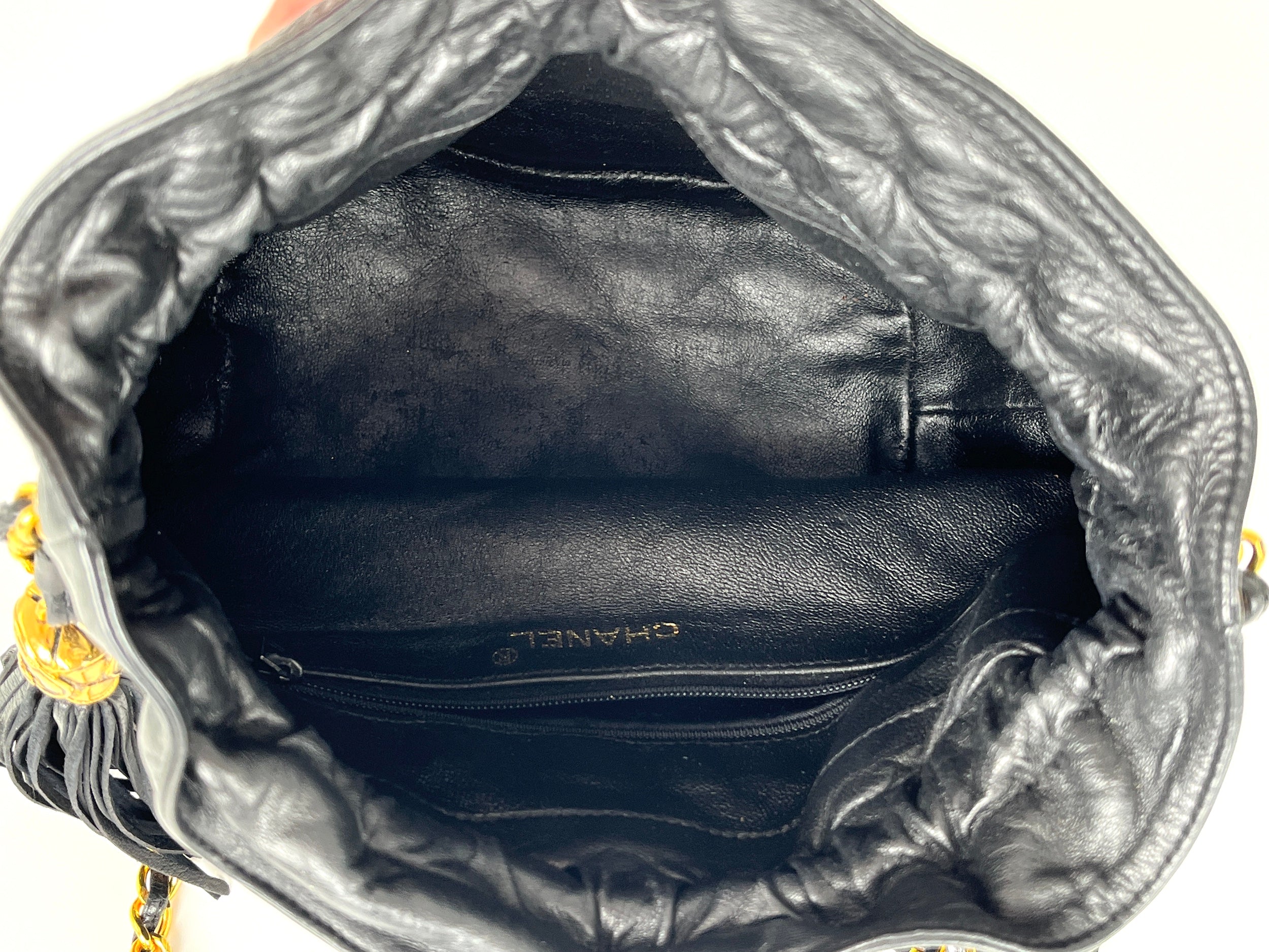 Vintage CHANEL 24k Gold Black Lambskin Leather Quilted Bucket Shoulder Bag