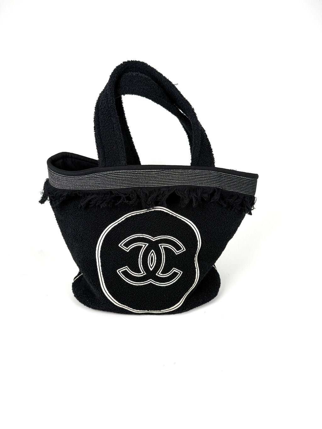 CHANEL Terry Cotton Fringe CC Logo Black Ecru Beach Shopping Tote with Pouch and Towel