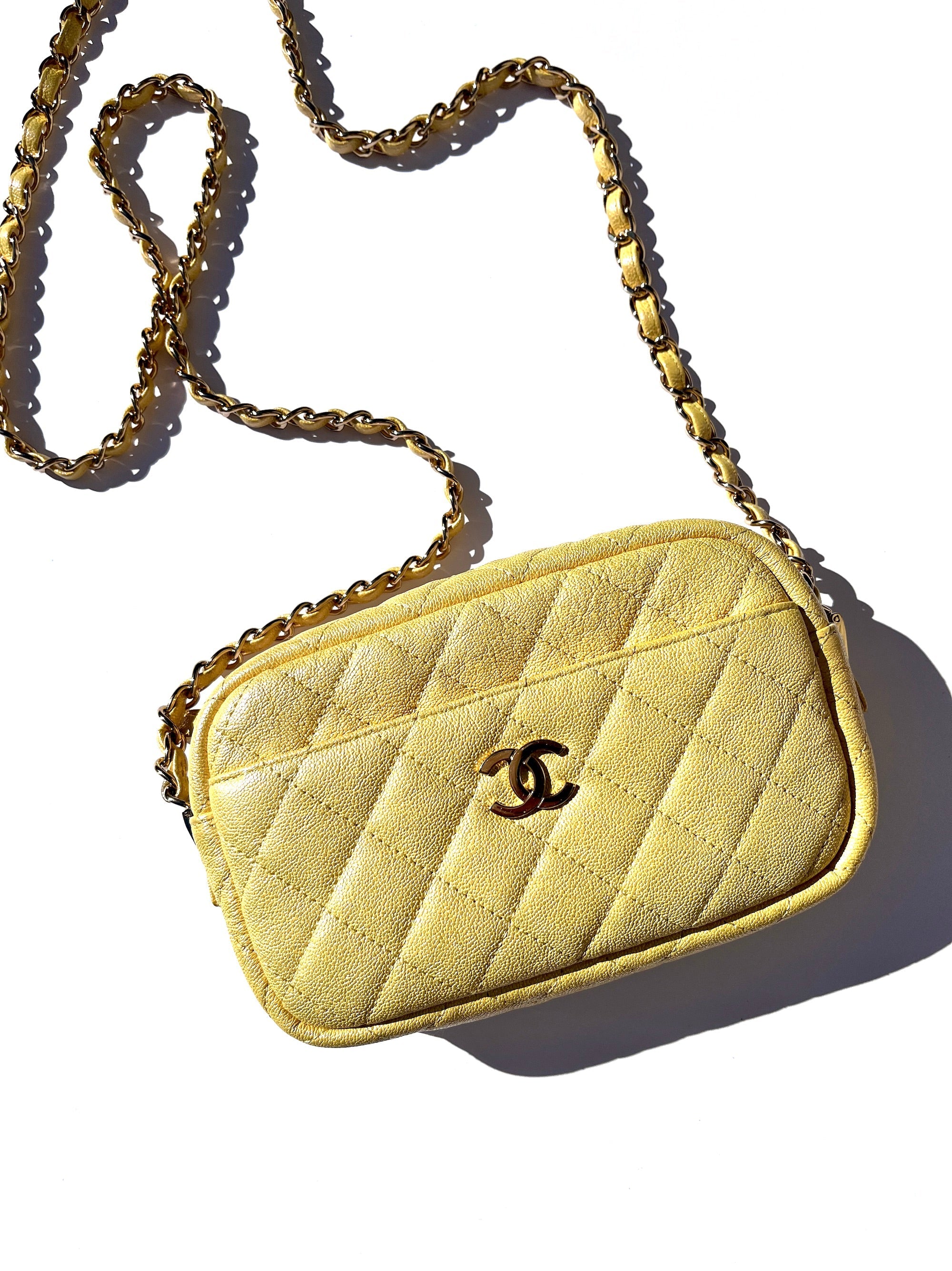 CHANEL Iridescent Yellow Caviar Leather Camera Case Crossbody Bag