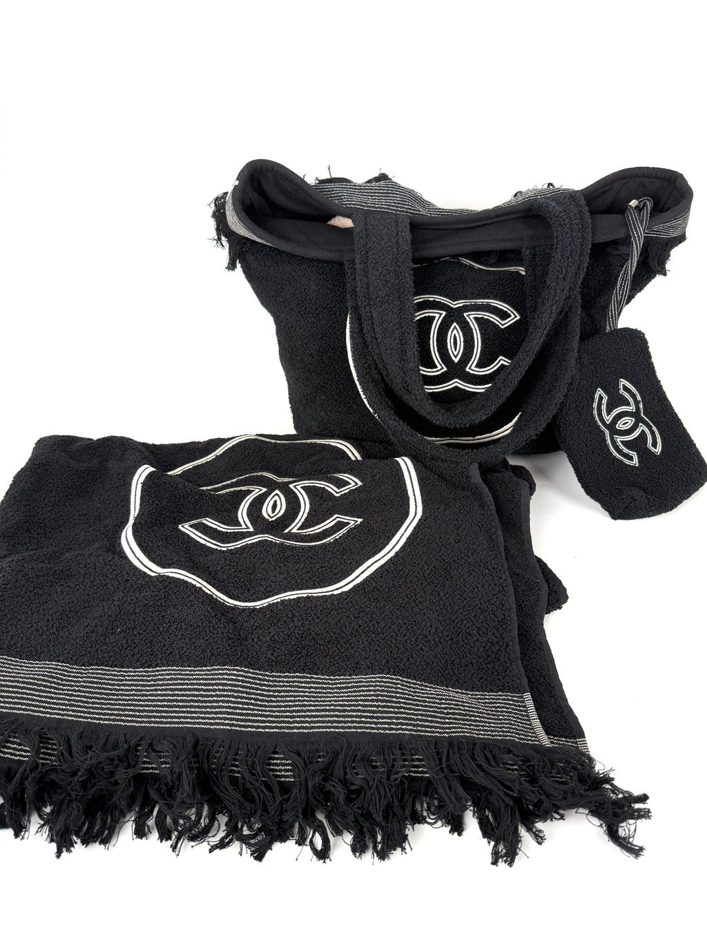 CHANEL Terry Cotton Fringe CC Logo Black Ecru Beach Shopping Tote with Pouch and Towel