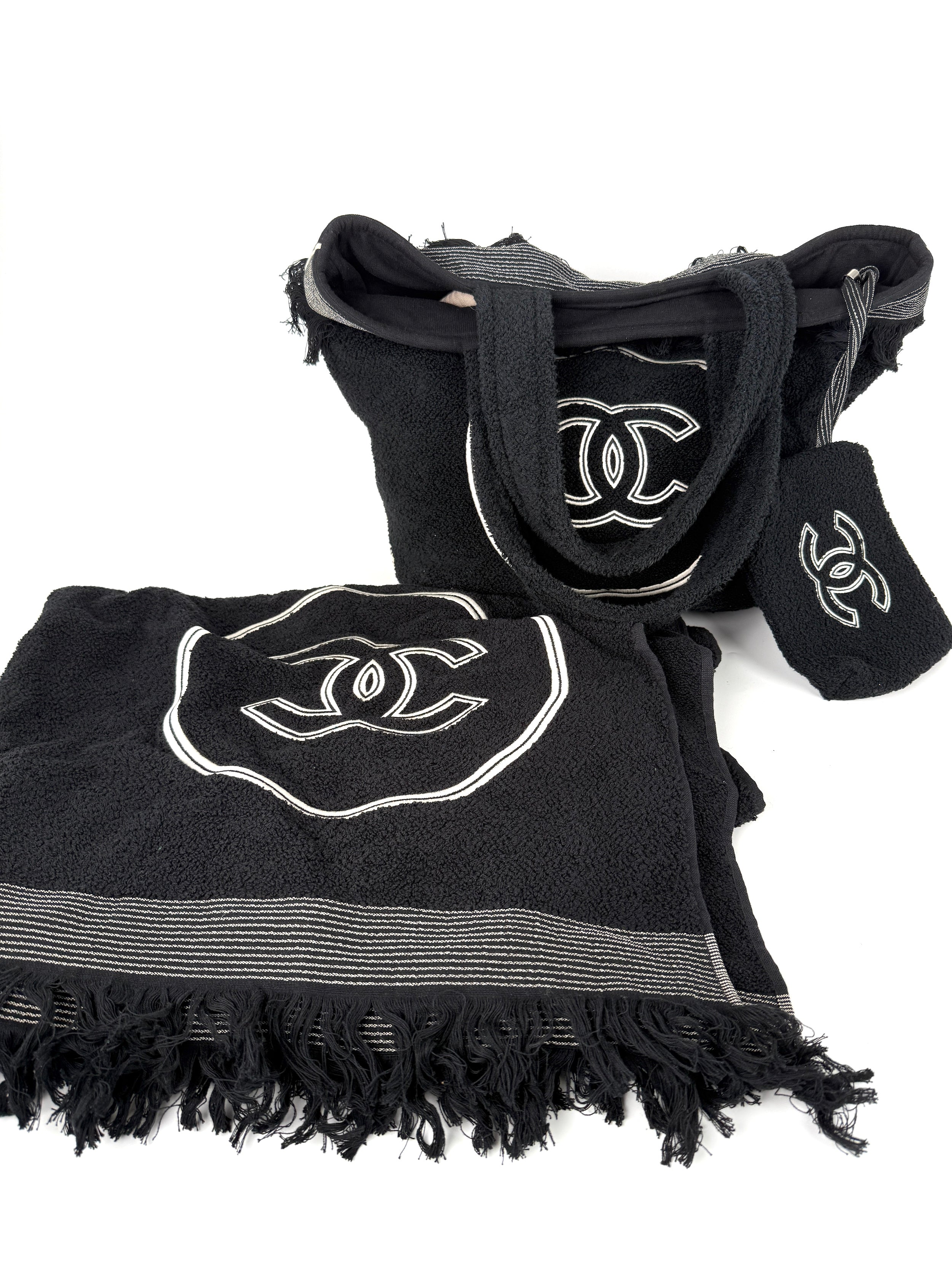 CHANEL Terry Cotton Fringe CC Logo Black Ecru Beach Shopping Tote with Pouch and Towel