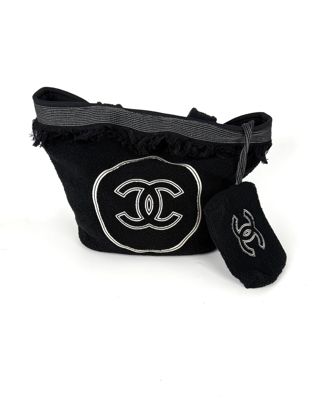 CHANEL Terry Cotton Fringe CC Logo Black Ecru Beach Shopping Tote with Pouch and Towel