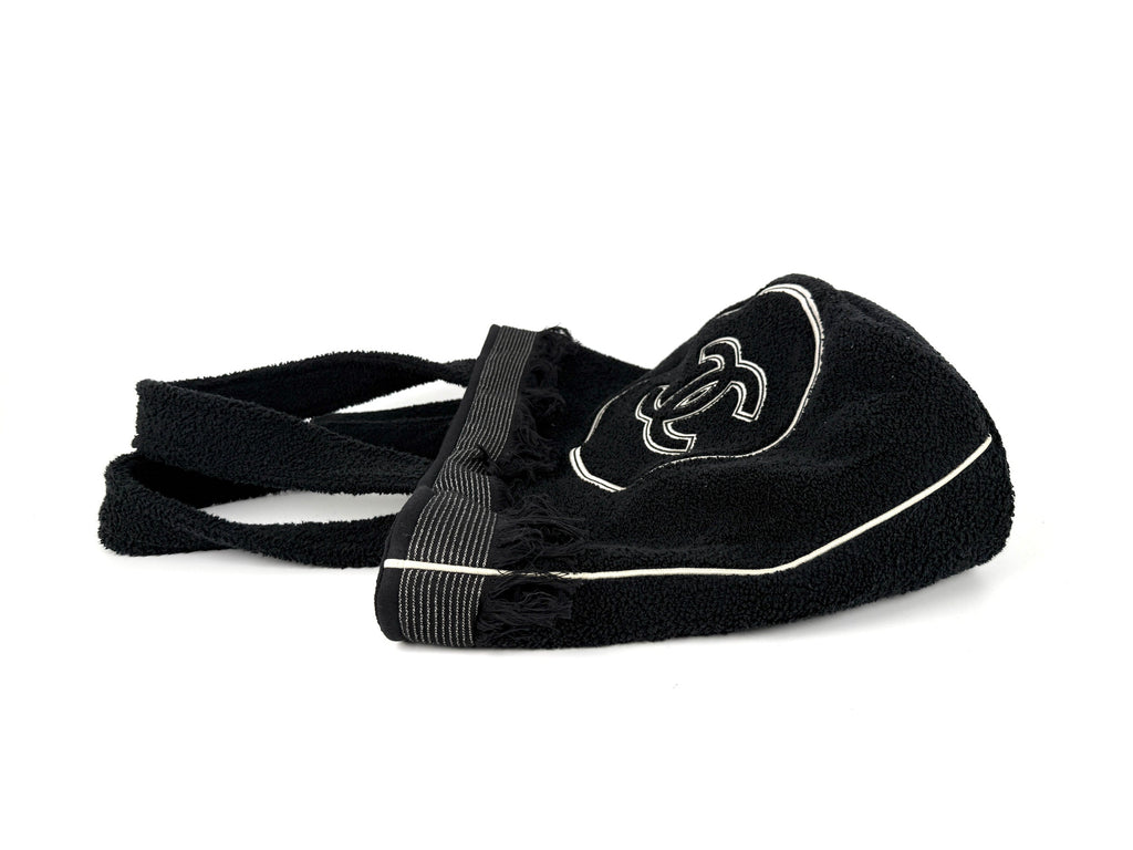 CHANEL Terry Cotton Fringe CC Logo Black Ecru Beach Shopping Tote with Pouch and Towel
