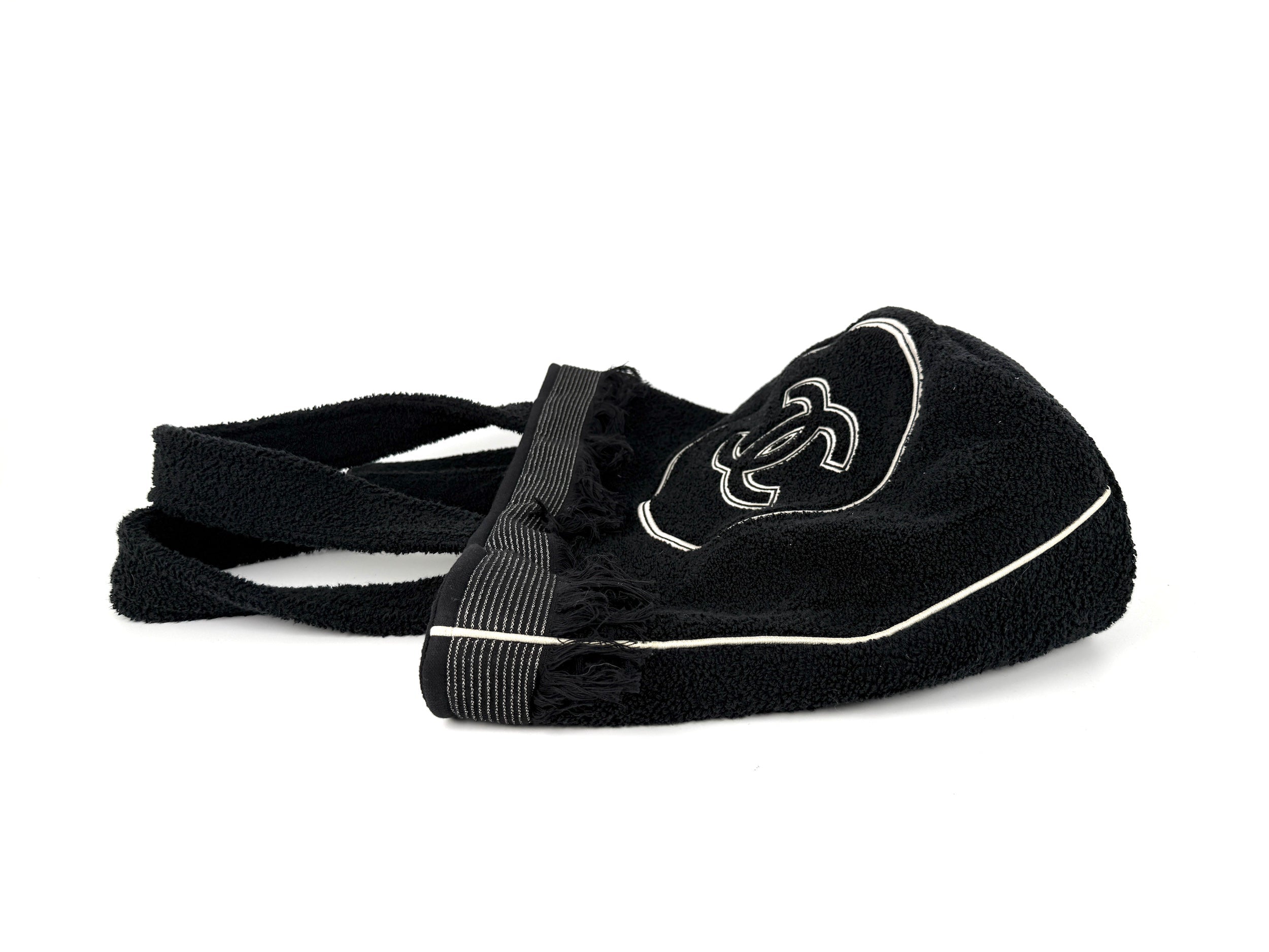 CHANEL Terry Cotton Fringe CC Logo Black Ecru Beach Shopping Tote with Pouch and Towel