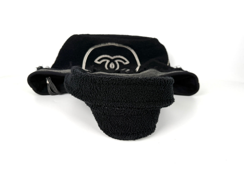 CHANEL Terry Cotton Fringe CC Logo Black Ecru Beach Shopping Tote with Pouch and Towel