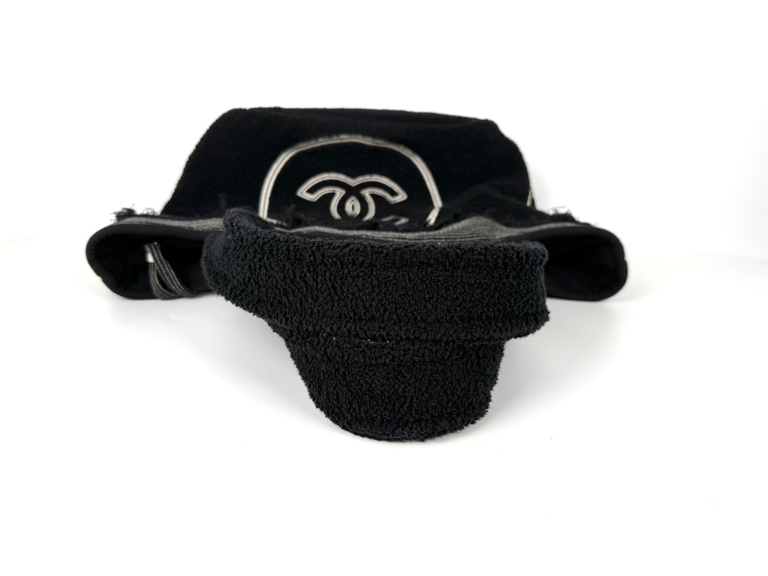 CHANEL Terry Cotton Fringe CC Logo Black Ecru Beach Shopping Tote with Pouch and Towel