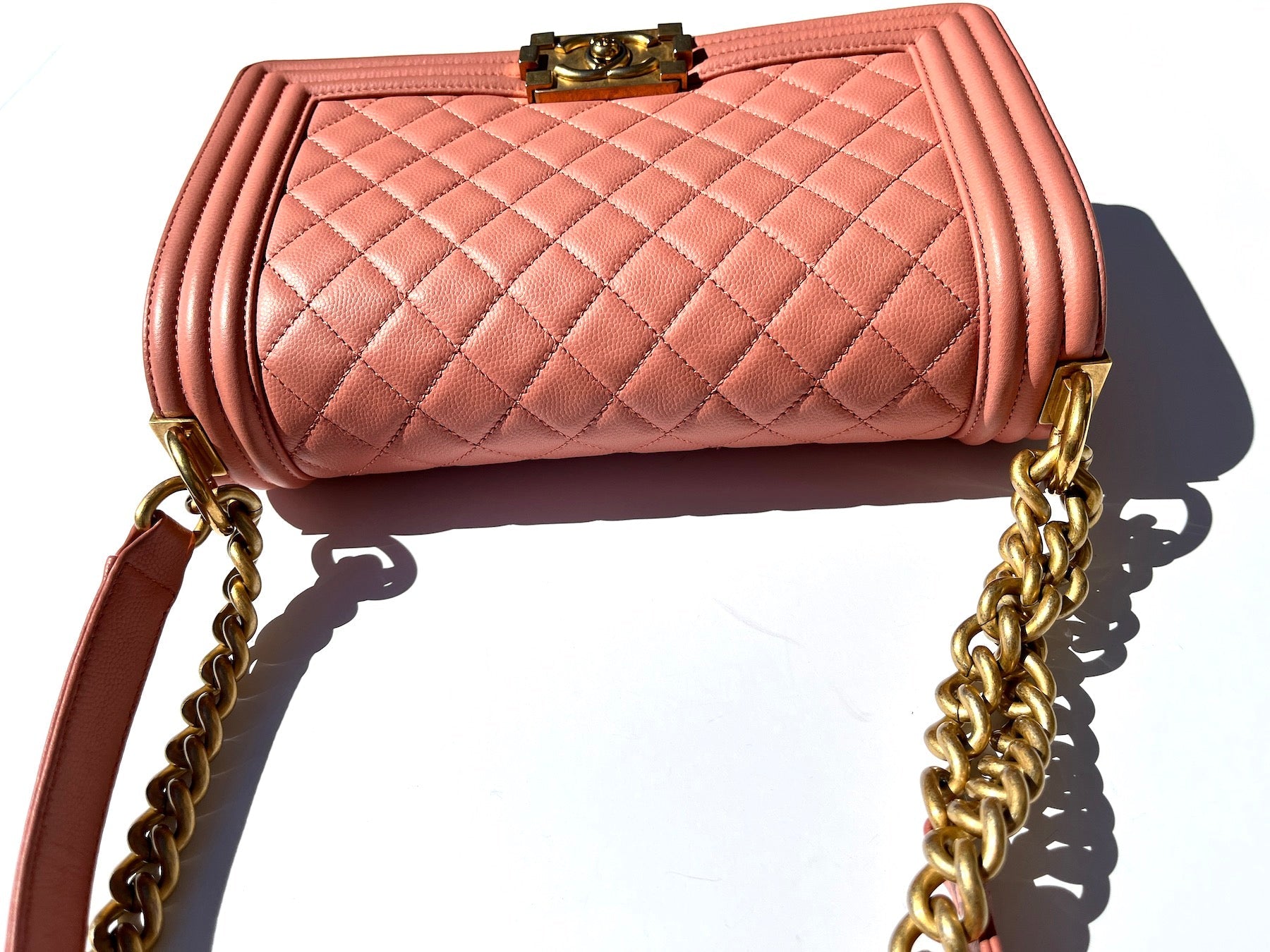 CHANEL Quilted Pink Caviar Boy Old Medium Flap Bag