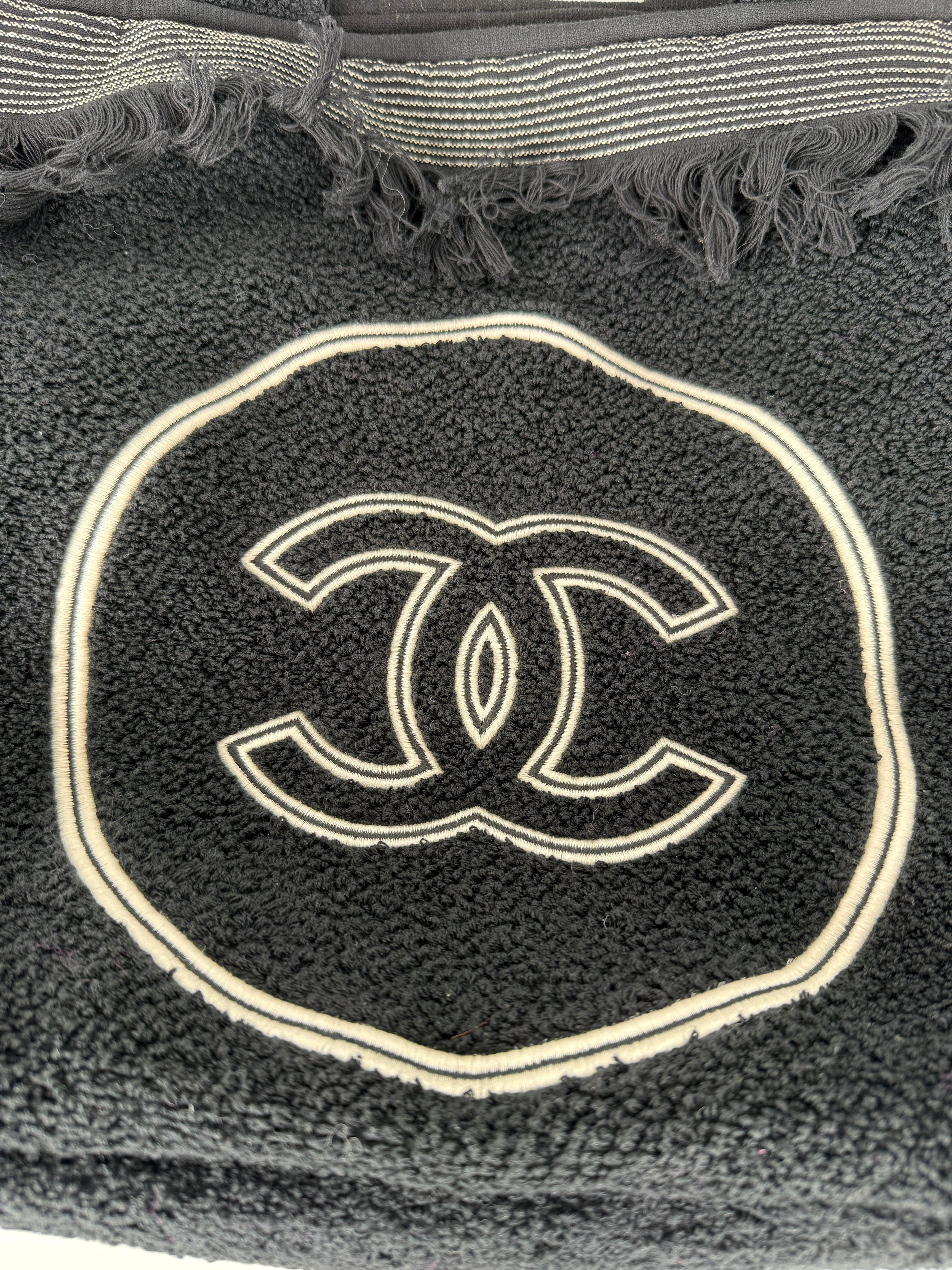 CHANEL Terry Cotton Fringe CC Logo Black Ecru Beach Shopping Tote with Pouch and Towel