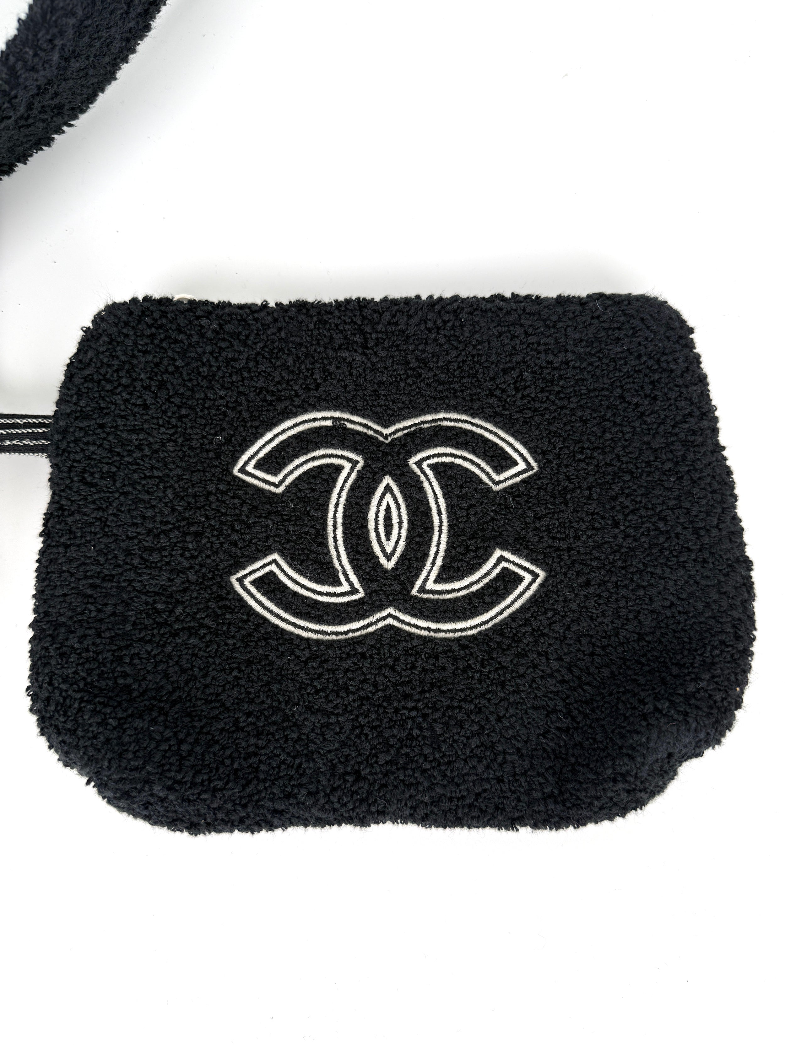 CHANEL Terry Cotton Fringe CC Logo Black Ecru Beach Shopping Tote with Pouch and Towel