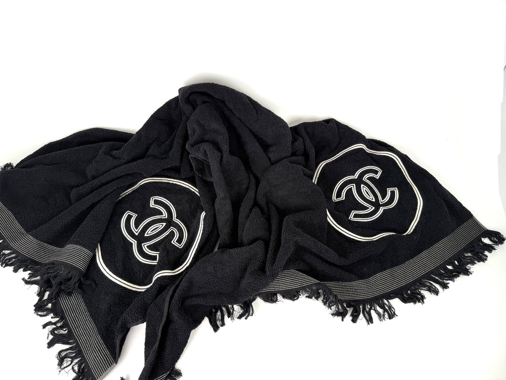 CHANEL Terry Cotton Fringe CC Logo Black Ecru Beach Shopping Tote with Pouch and Towel