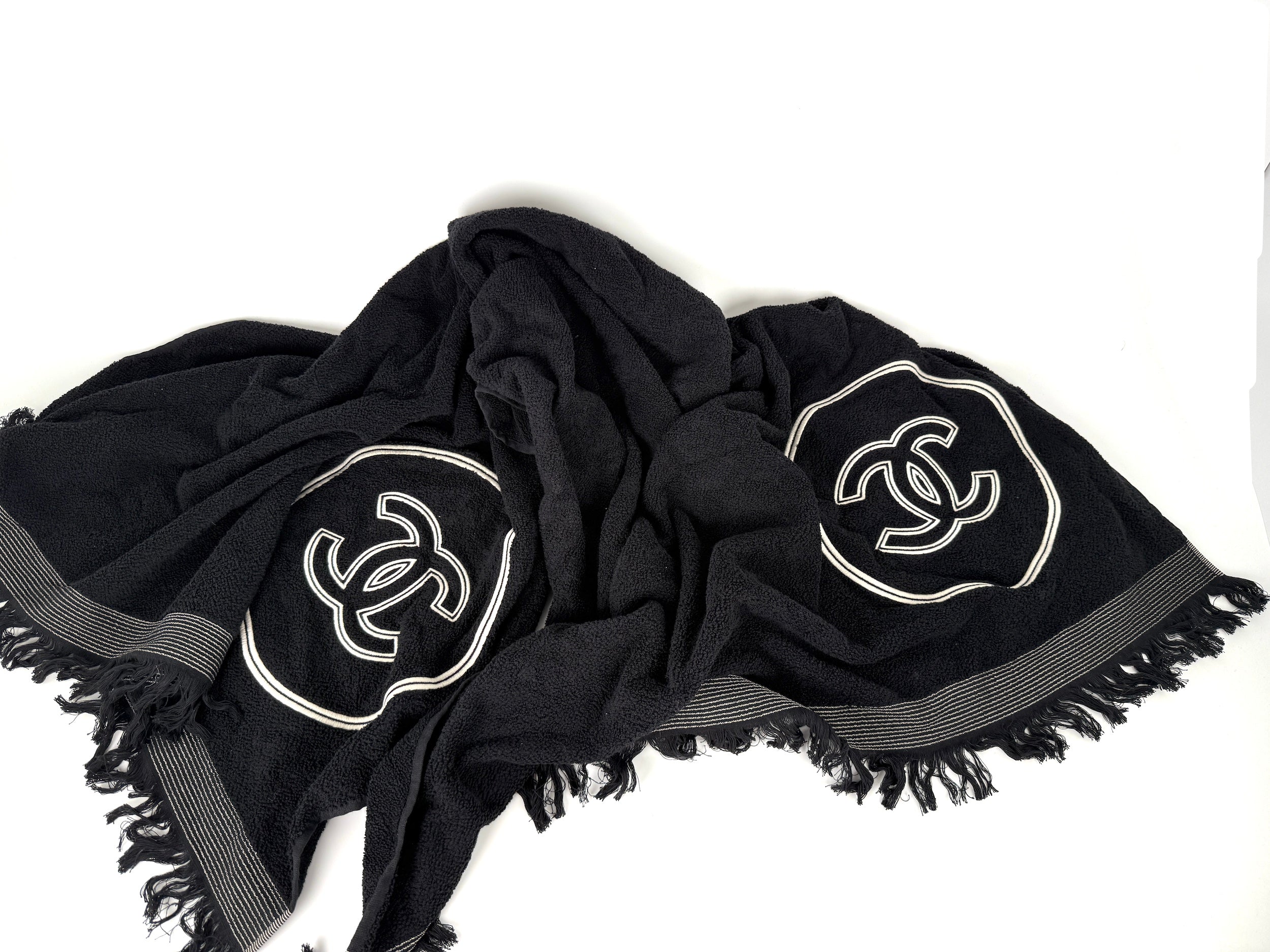 CHANEL Terry Cotton Fringe CC Logo Black Ecru Beach Shopping Tote with Pouch and Towel