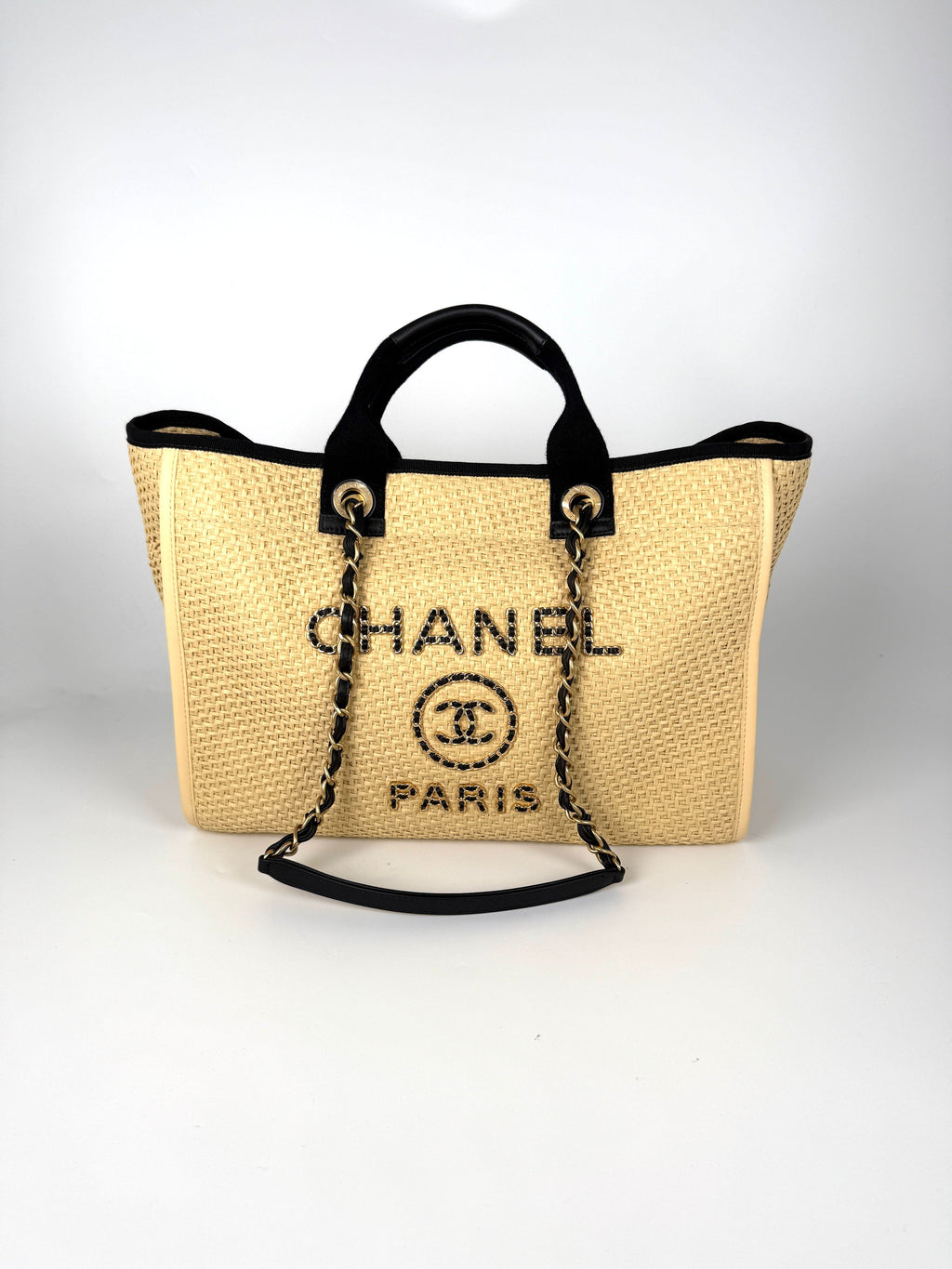 CHANEL Deauville Straw Raffia Calfskin Beige Medium Shopping Tote