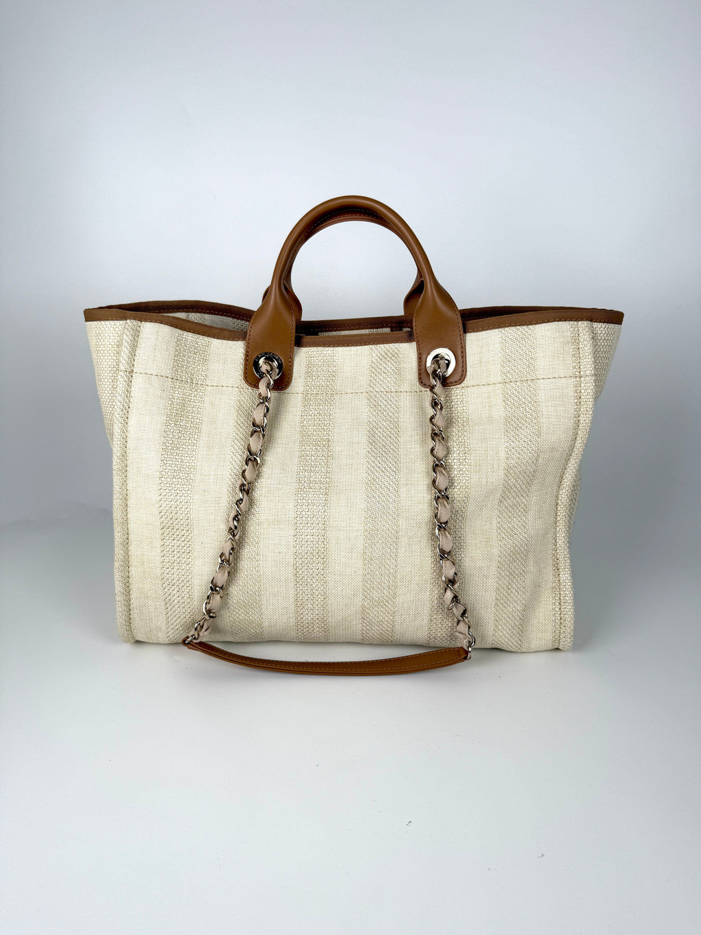 CHANEL Deauville Striped Medium Straw Raffia Beige Tan Shopping Tote