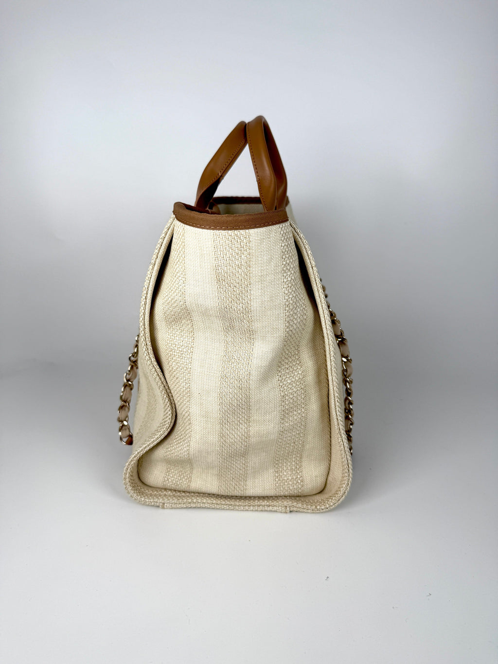 CHANEL Deauville Striped Medium Straw Raffia Beige Tan Shopping Tote