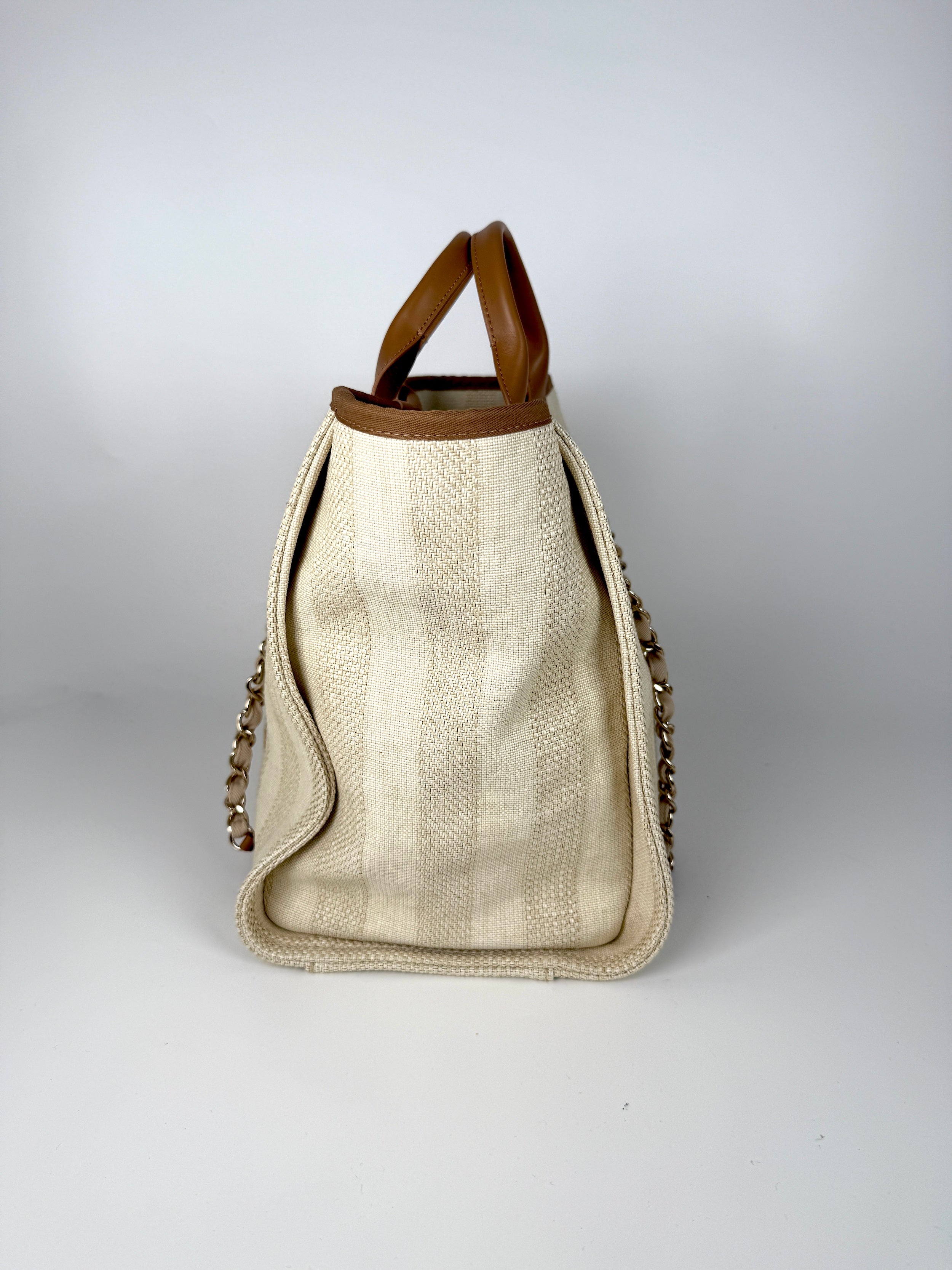 CHANEL Deauville Striped Medium Straw Raffia Beige Tan Shopping Tote