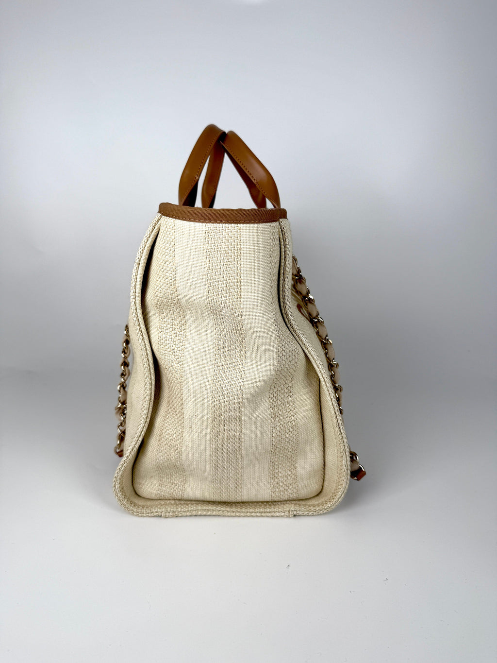 CHANEL Deauville Striped Medium Straw Raffia Beige Tan Shopping Tote