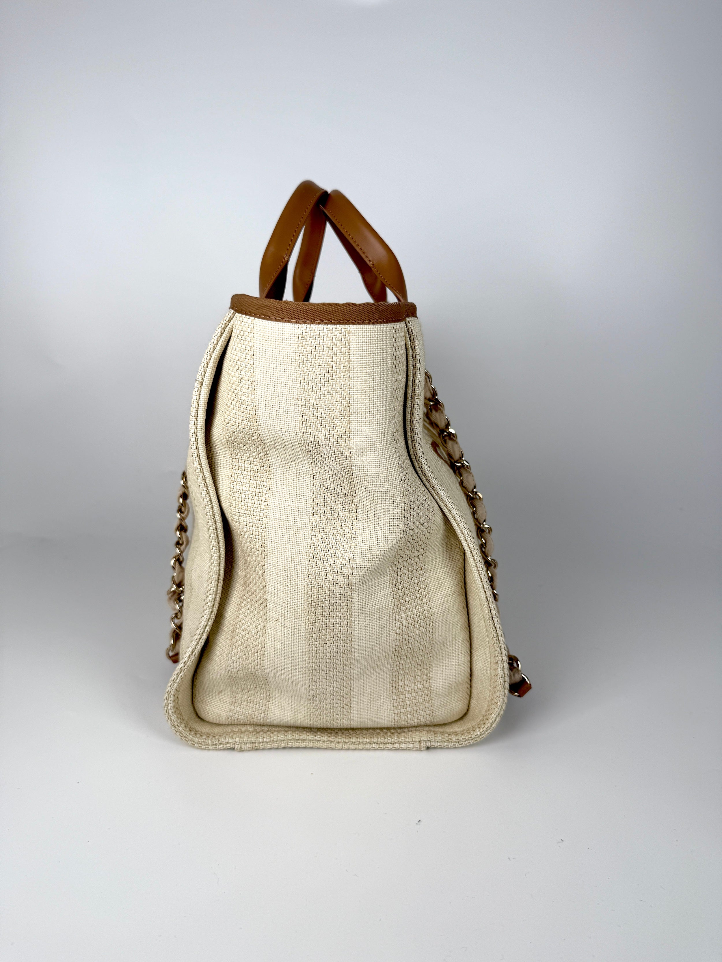 CHANEL Deauville Striped Medium Straw Raffia Beige Tan Shopping Tote