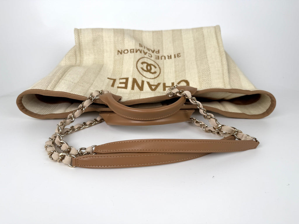CHANEL Deauville Striped Medium Straw Raffia Beige Tan Shopping Tote