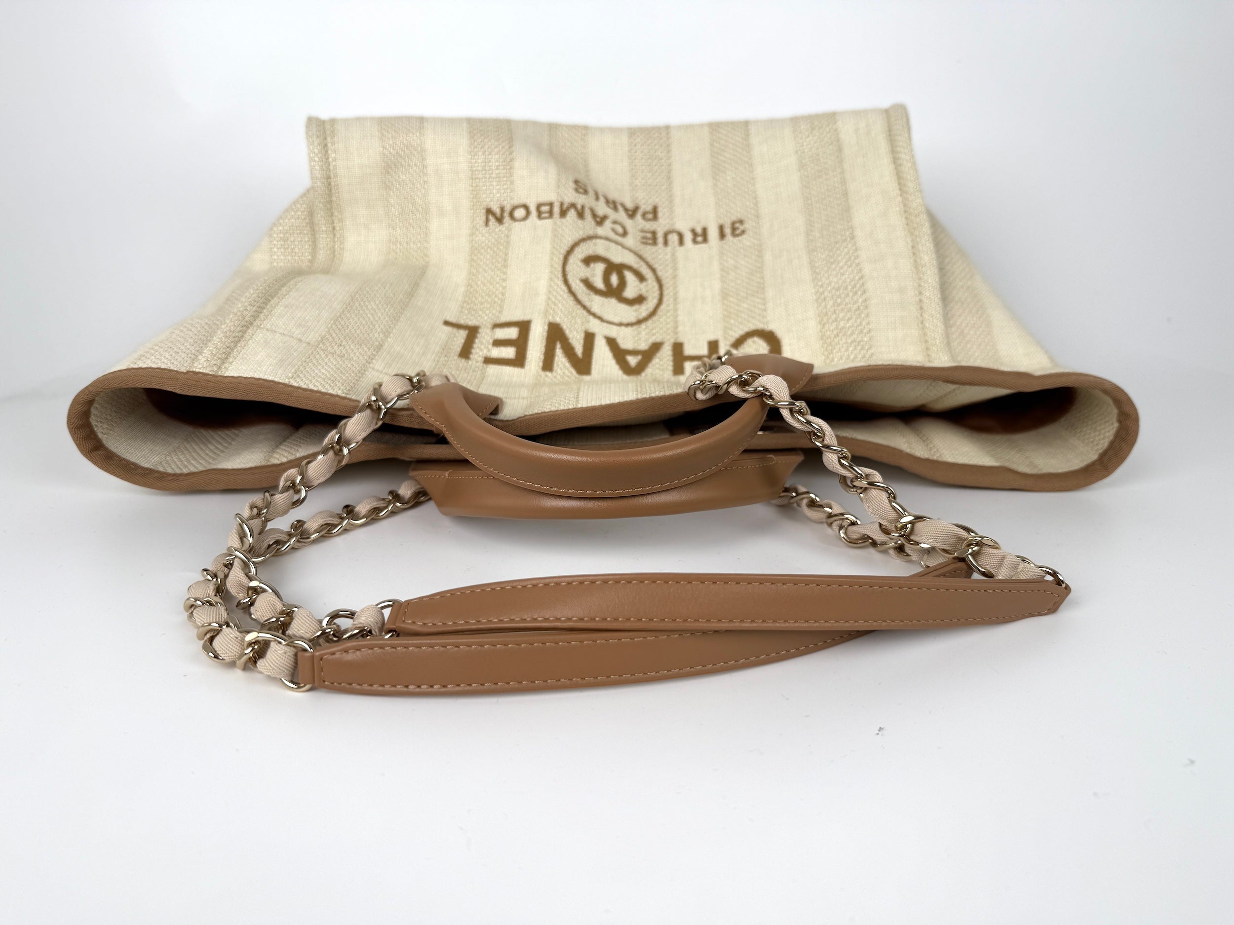 CHANEL Deauville Striped Medium Straw Raffia Beige Tan Shopping Tote