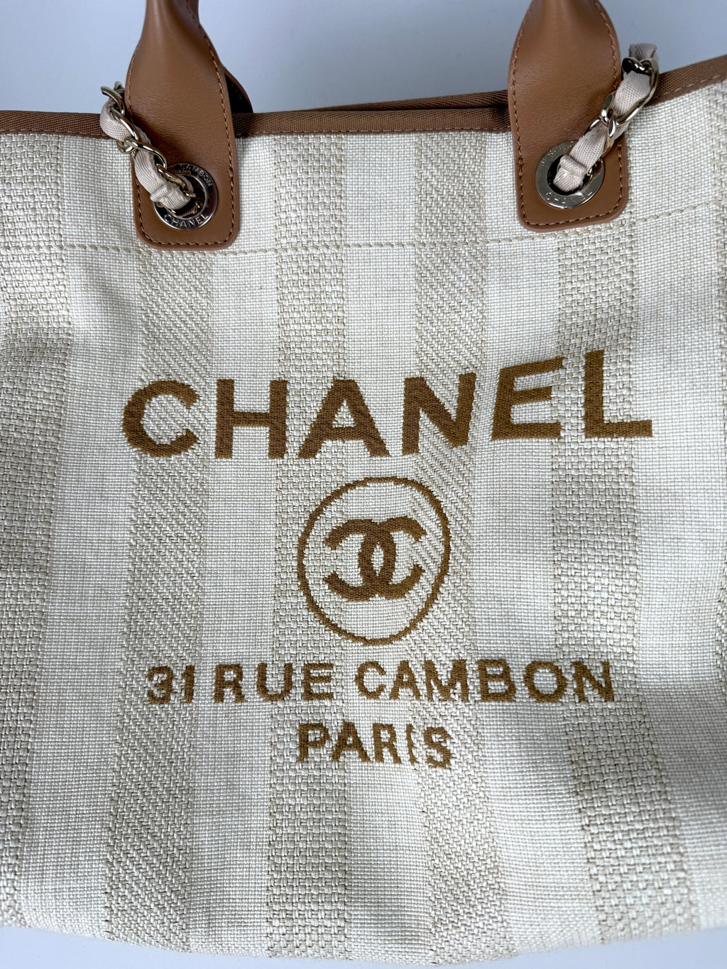 CHANEL Deauville Striped Medium Straw Raffia Beige Tan Shopping Tote