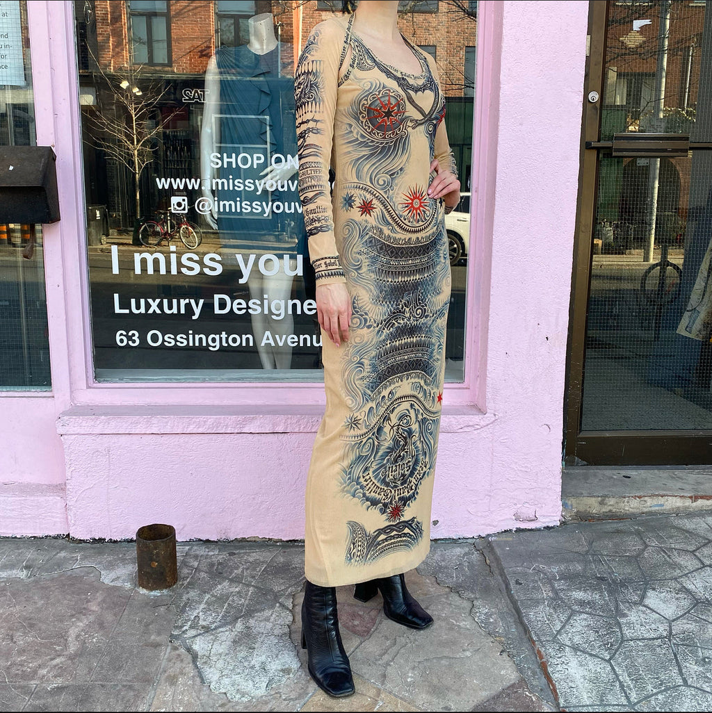 Jean Paul Gaultier Soleil Vintage Mesh Tattoo Bodycon Dress – L / 10