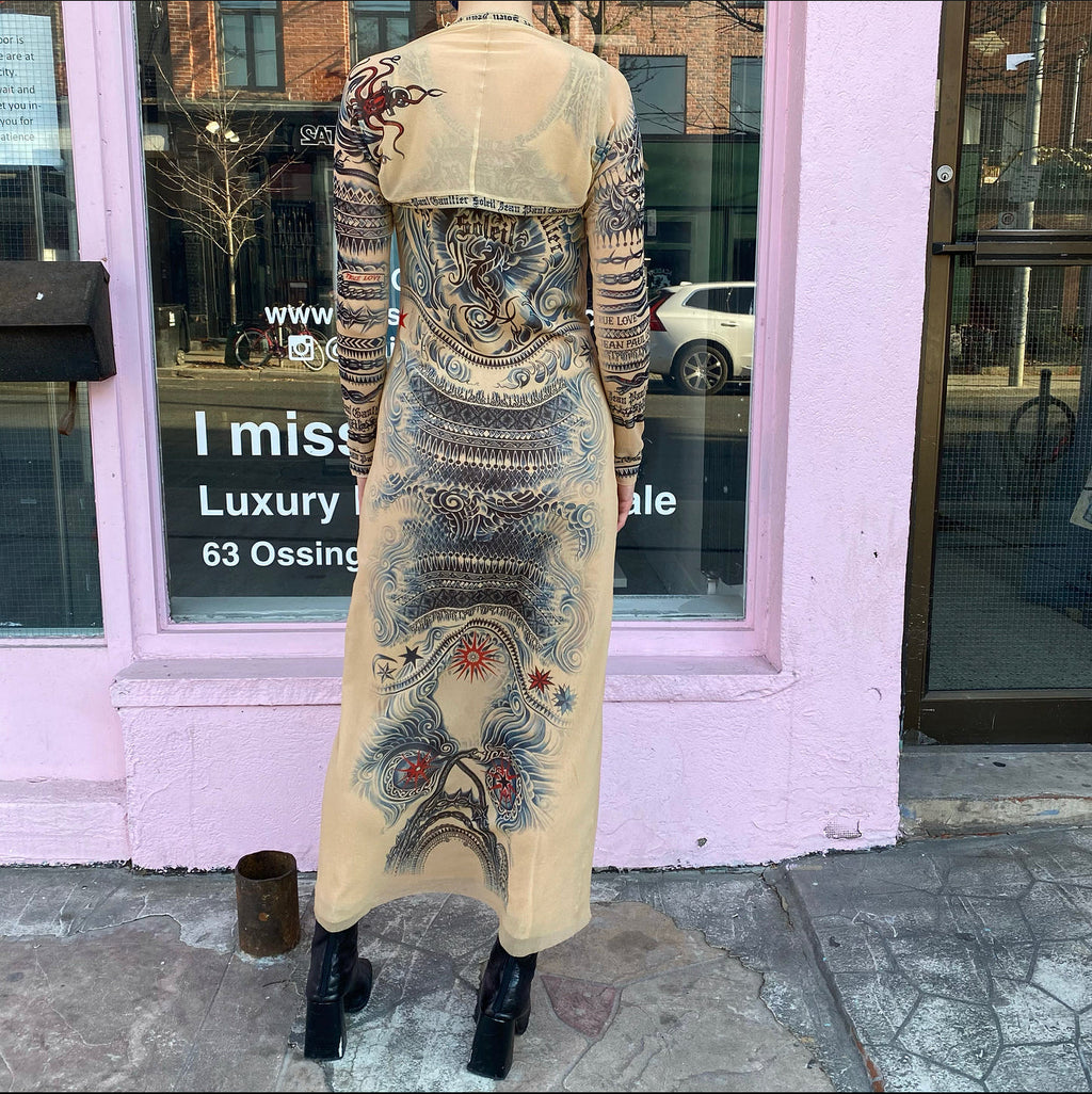 Jean Paul Gaultier Soleil Vintage Mesh Tattoo Bodycon Dress – L / 10