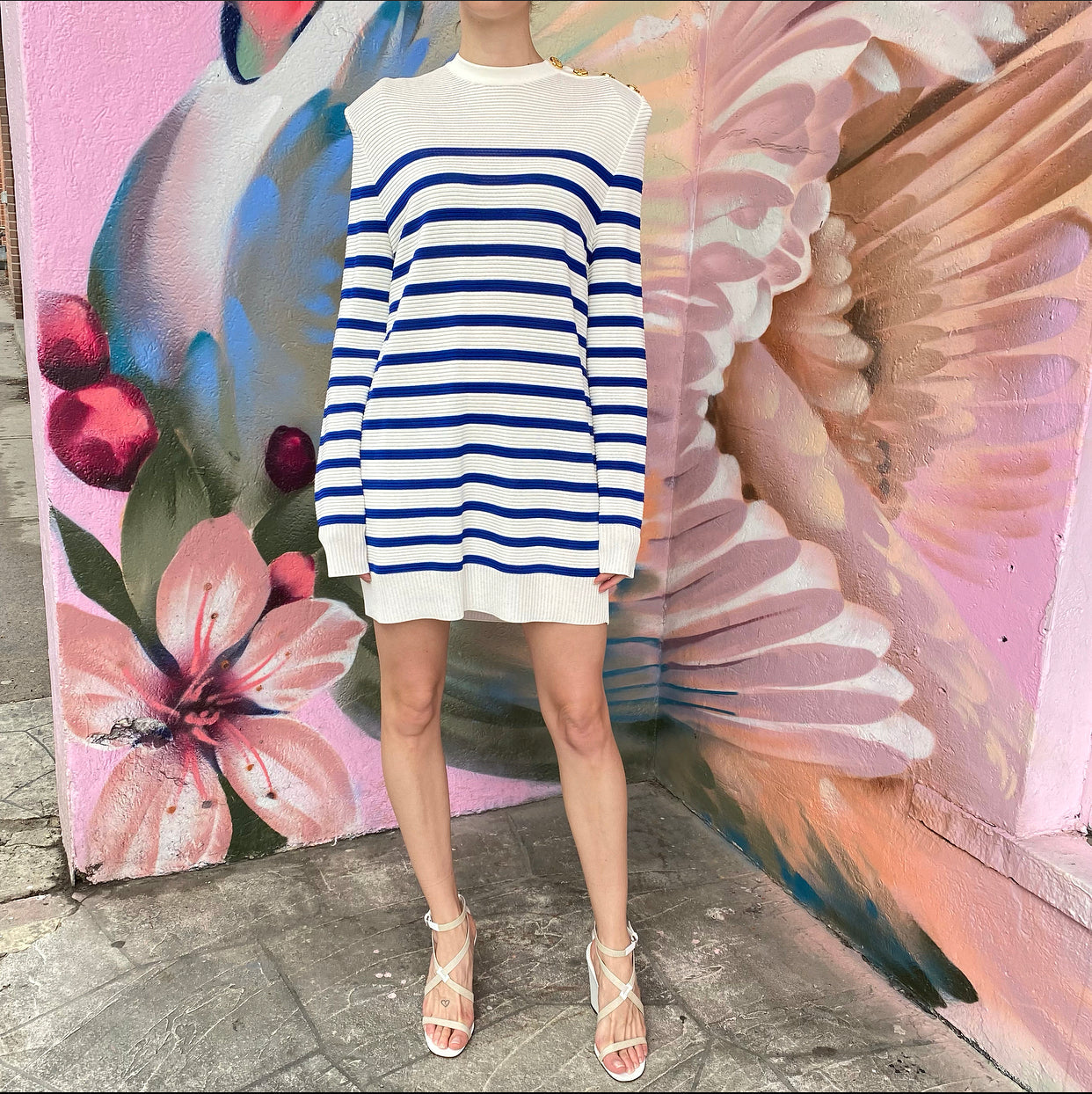 Balmain Blue and Ivory Long Sleeve 3 Button Striped Sweater - FR40 / 8