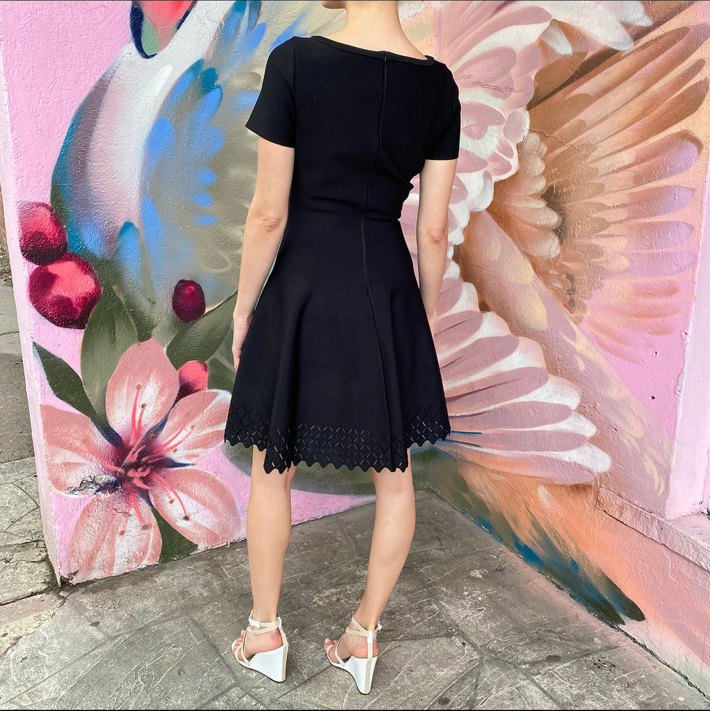 Alaia Black Knit Jersey Short Sleeve Dress with Perforated Hem - FR42 / 8