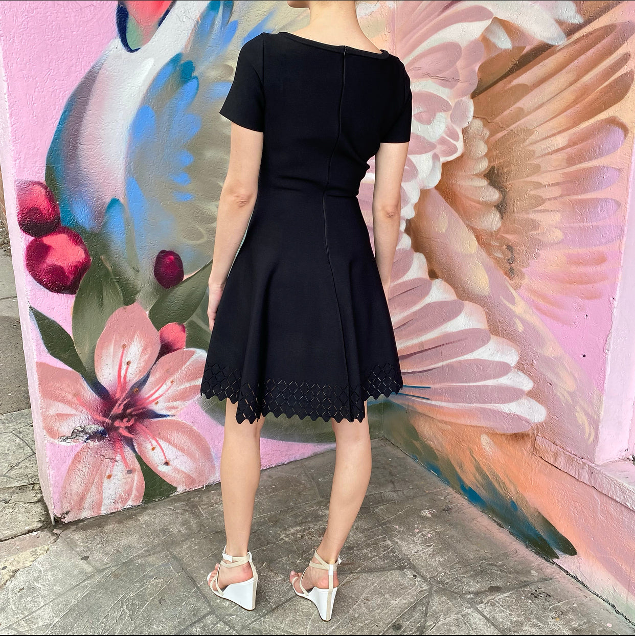 Alaia Black Knit Jersey Short Sleeve Dress with Perforated Hem - FR42 / 8