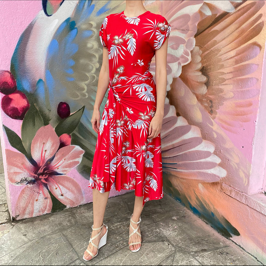Paco Rabanne Red Tropical Floral Jersey Ruched Long Dress - FR36 / 4