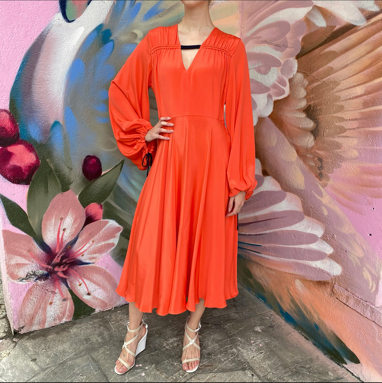Roksanda Coral Silk Midi Dress with Balloon Sleeves - UK12 / USA 8