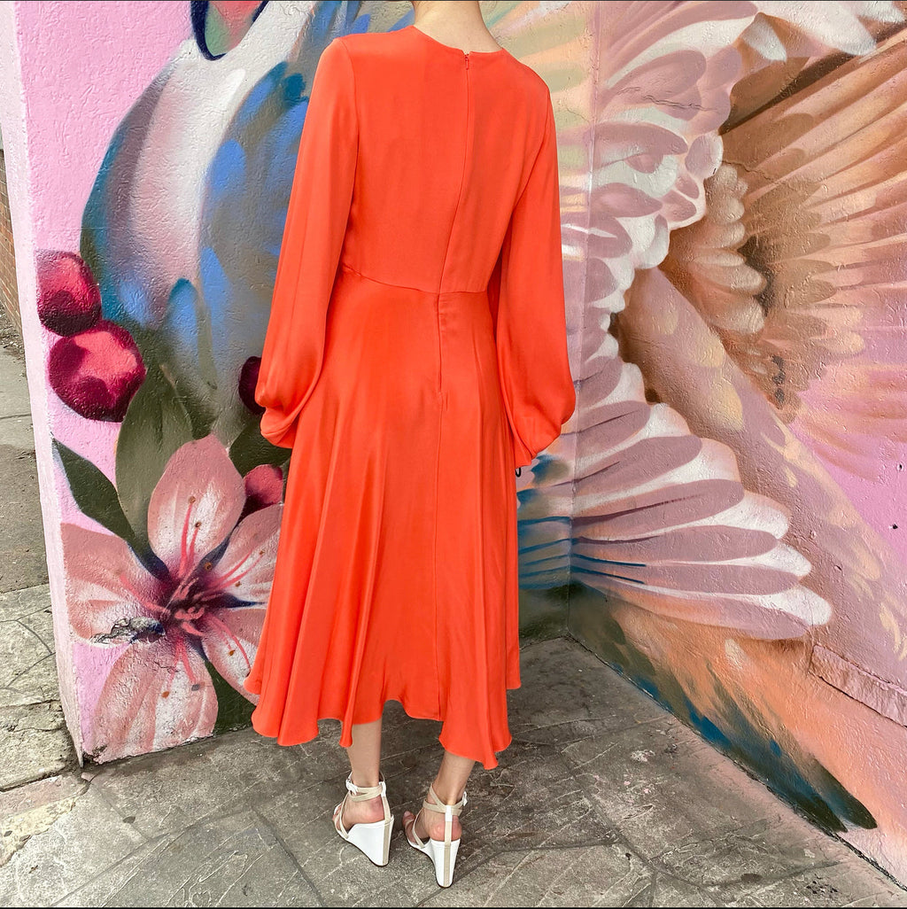 Roksanda Coral Silk Midi Dress with Balloon Sleeves - UK12 / USA 8